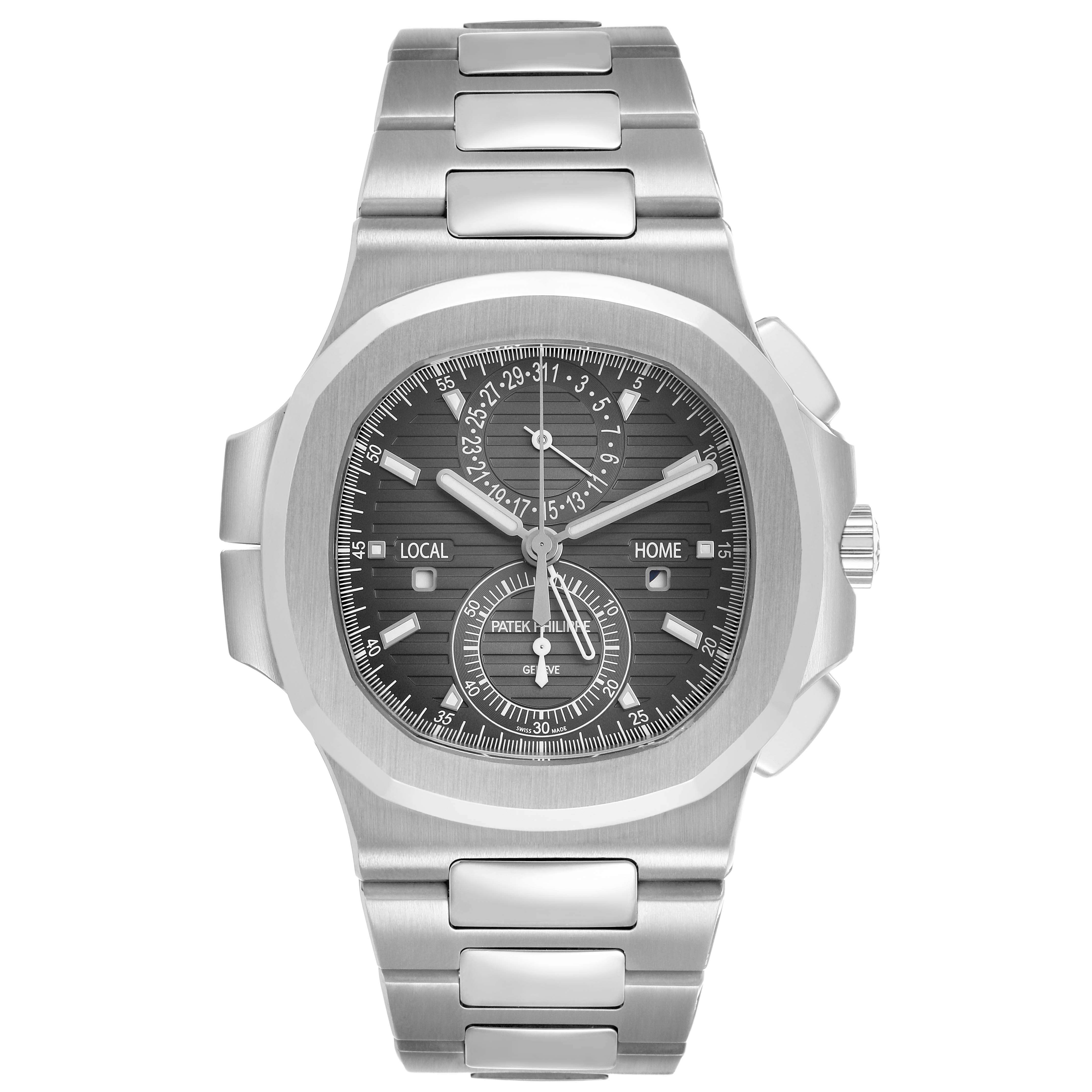 The Patek Philippe Nautilus 5990/1A-001 Men's Stainless Steel Grey Dial watch is shown in a front view, highlighting its dial, bezel, and bracelet.