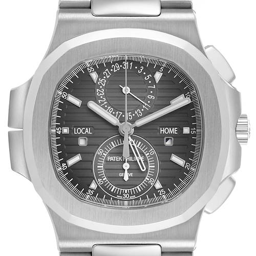 The Patek Philippe Nautilus 5990/1A-001 Men's Stainless Steel Grey Dial watch is shown from a front angle, highlighting the dial, subdials, bezel, and part of the bracelet.
