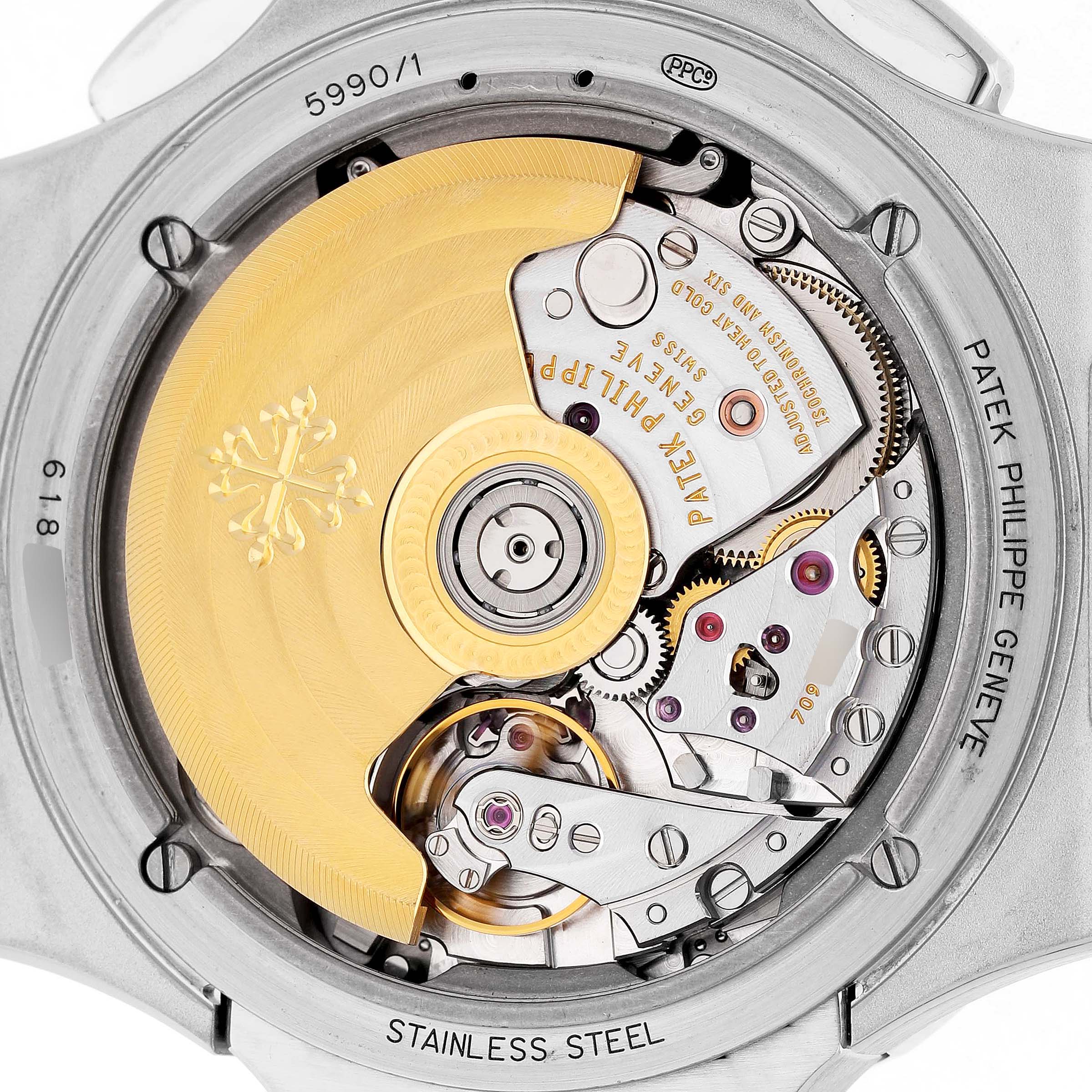 The image shows the case back of a Patek Philippe Nautilus 5990/1A-001 Men's Stainless Steel Grey Dial, highlighting its intricate movement and mechanism.