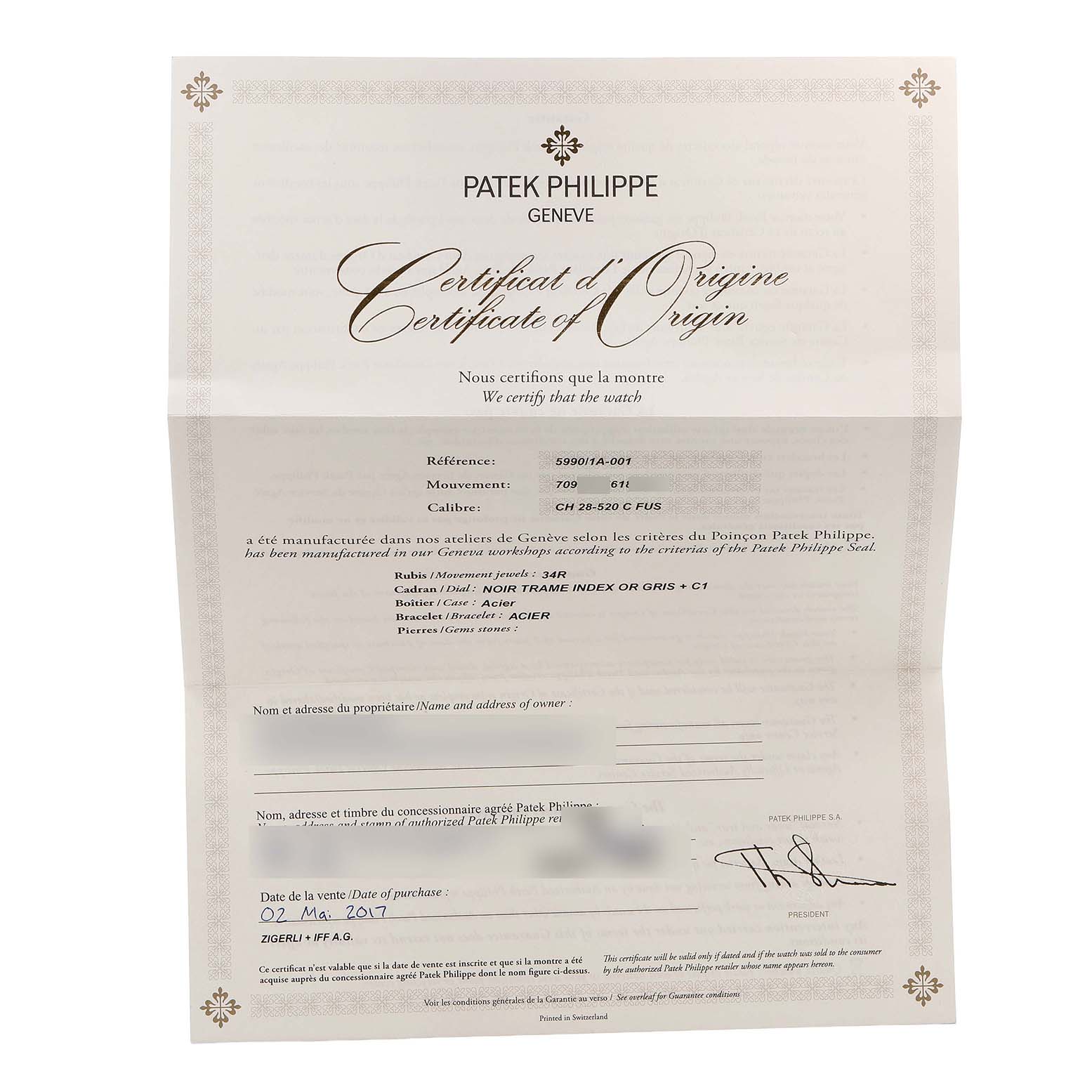 This image shows the Certificate of Origin for the Patek Philippe Nautilus 5990/1A-001 Men's Stainless Steel Grey Dial model, listing specifications and purchase details.