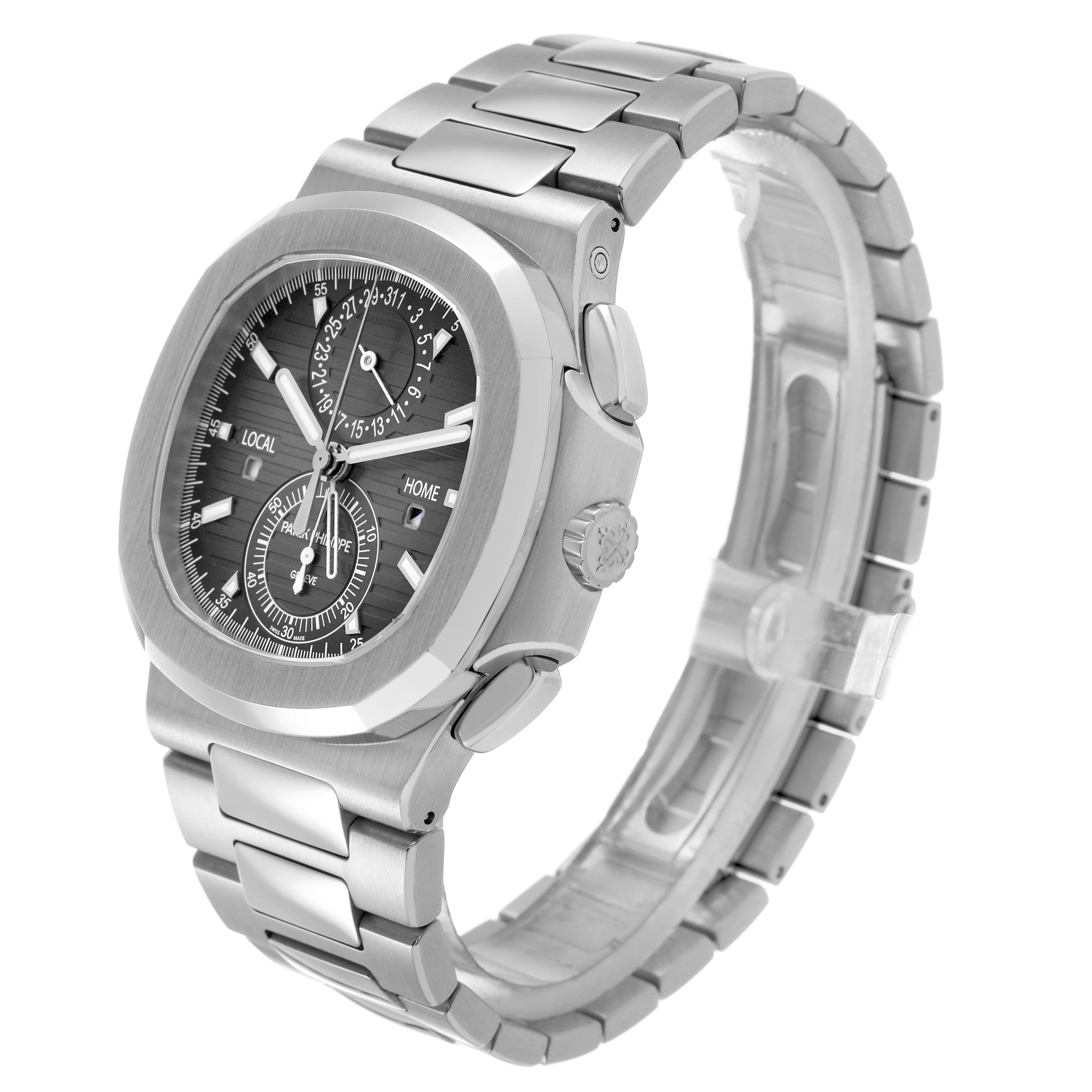 The Patek Philippe Nautilus 5990/1A-001 Men's Stainless Steel Grey Dial watch is shown at a three-quarter angle, displaying the front face, side crown, and metal bracelet.