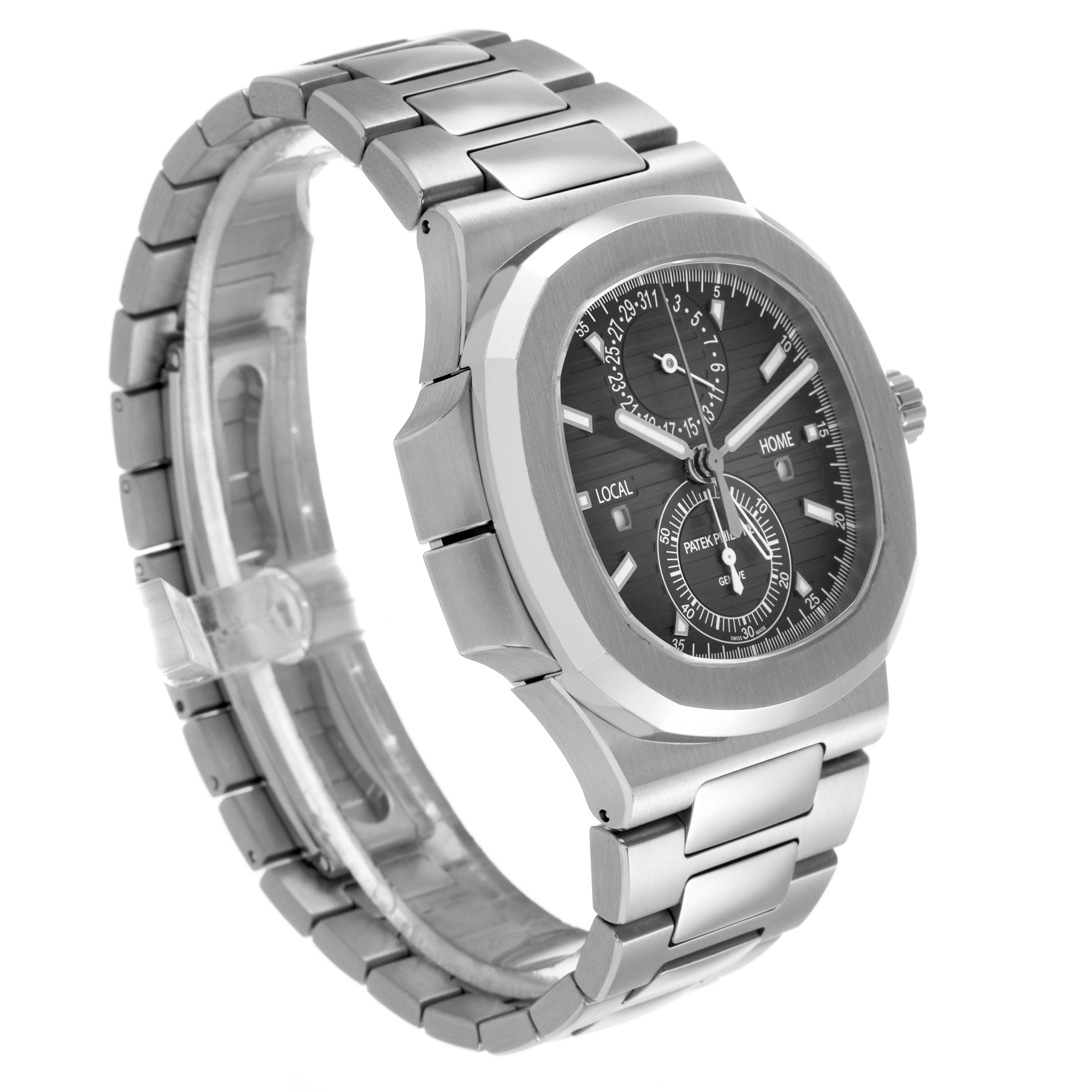 The Patek Philippe Nautilus 5990/1A-001 Men's Stainless Steel Grey Dial watch is shown at a three-quarter angle, highlighting the dial, bezel, and partly opened bracelet.