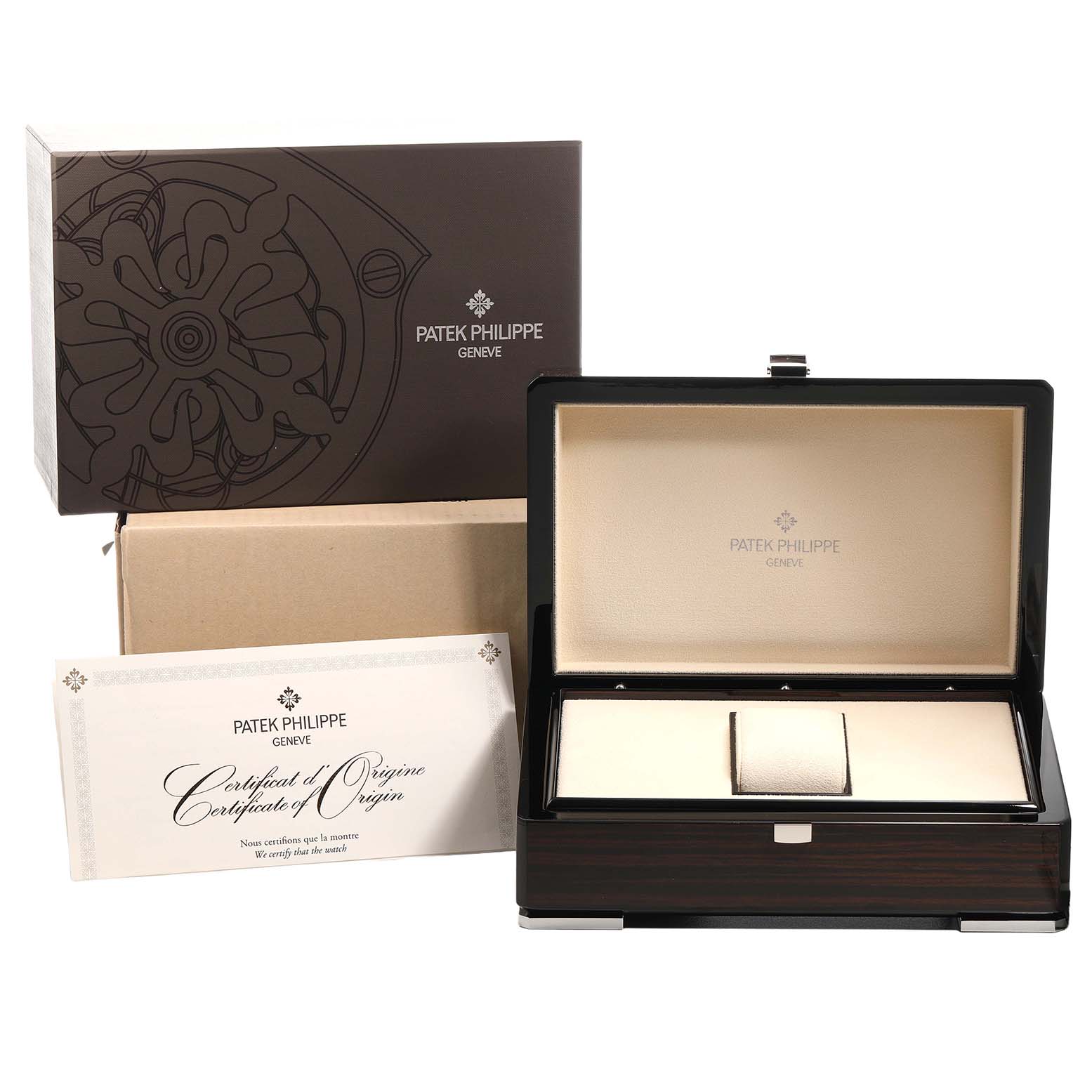 The image shows the Patek Philippe Nautilus 5990/1A-001 Men's Stainless Steel Grey Dial packaging, an open watch box, and a certificate of origin at a frontal angle.