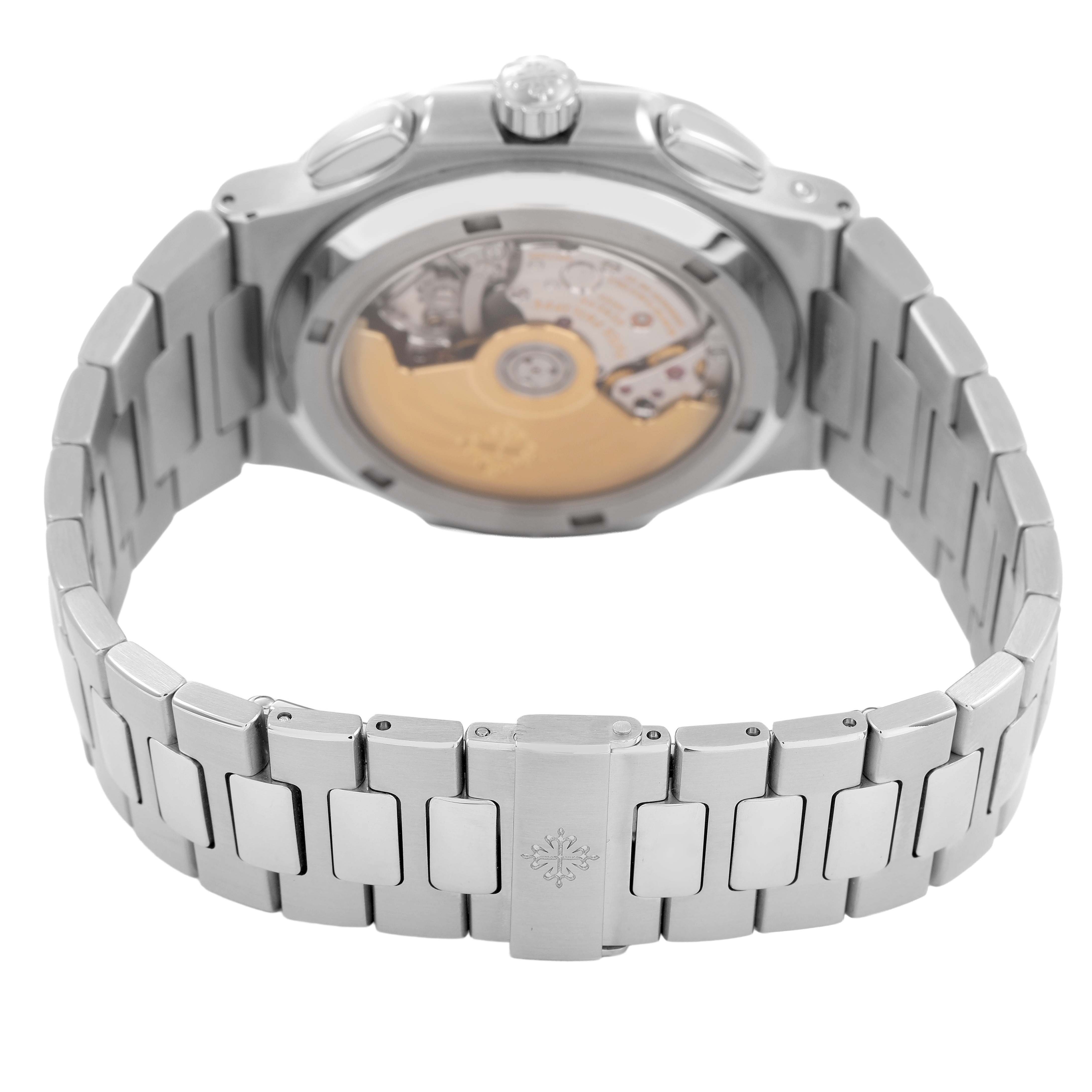 The image shows the back of a Patek Philippe Nautilus 5990/1A-001 Men's Stainless Steel Grey Dial, highlighting the case back and bracelet from a rear angle.
