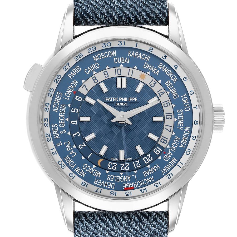 The Patek Philippe Complications 5330G Men's White Gold Blue Dial watch is shown from a front angle, highlighting its face, city ring, and time indicators.