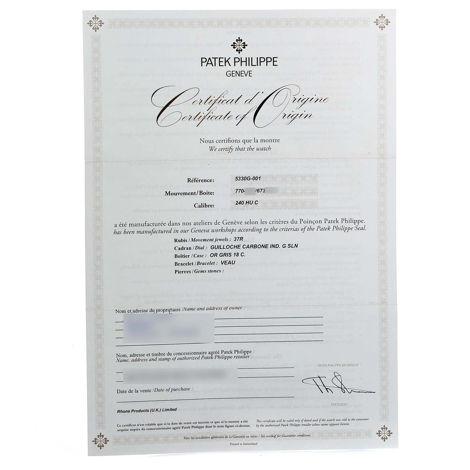 This image shows a Patek Philippe Complications 5330G Men
s White Gold Blue Dial model certificate of origin, viewed straight from the front.