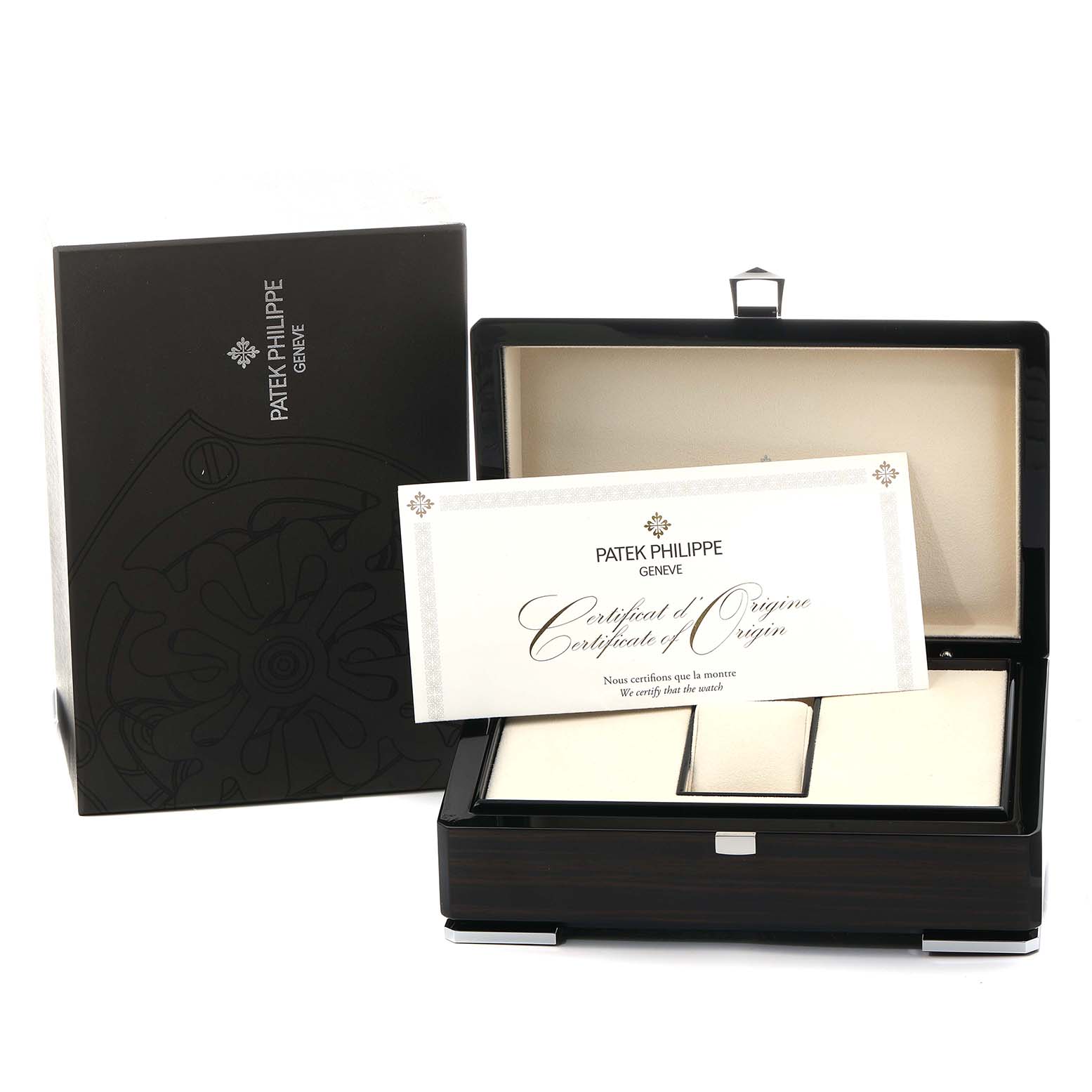 The image shows a Patek Philippe Complications 5330G Men
s White Gold Blue Dial watch box, certificate of origin, and exterior packaging.