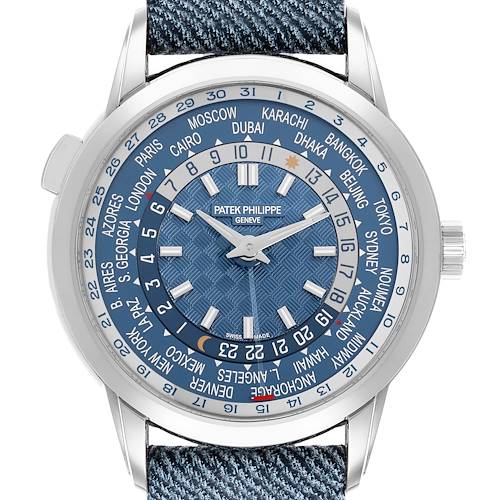The image shows a frontal view of the Patek Philippe Complications 5330G Men's White Gold Blue Dial model, highlighting the dial and city ring.