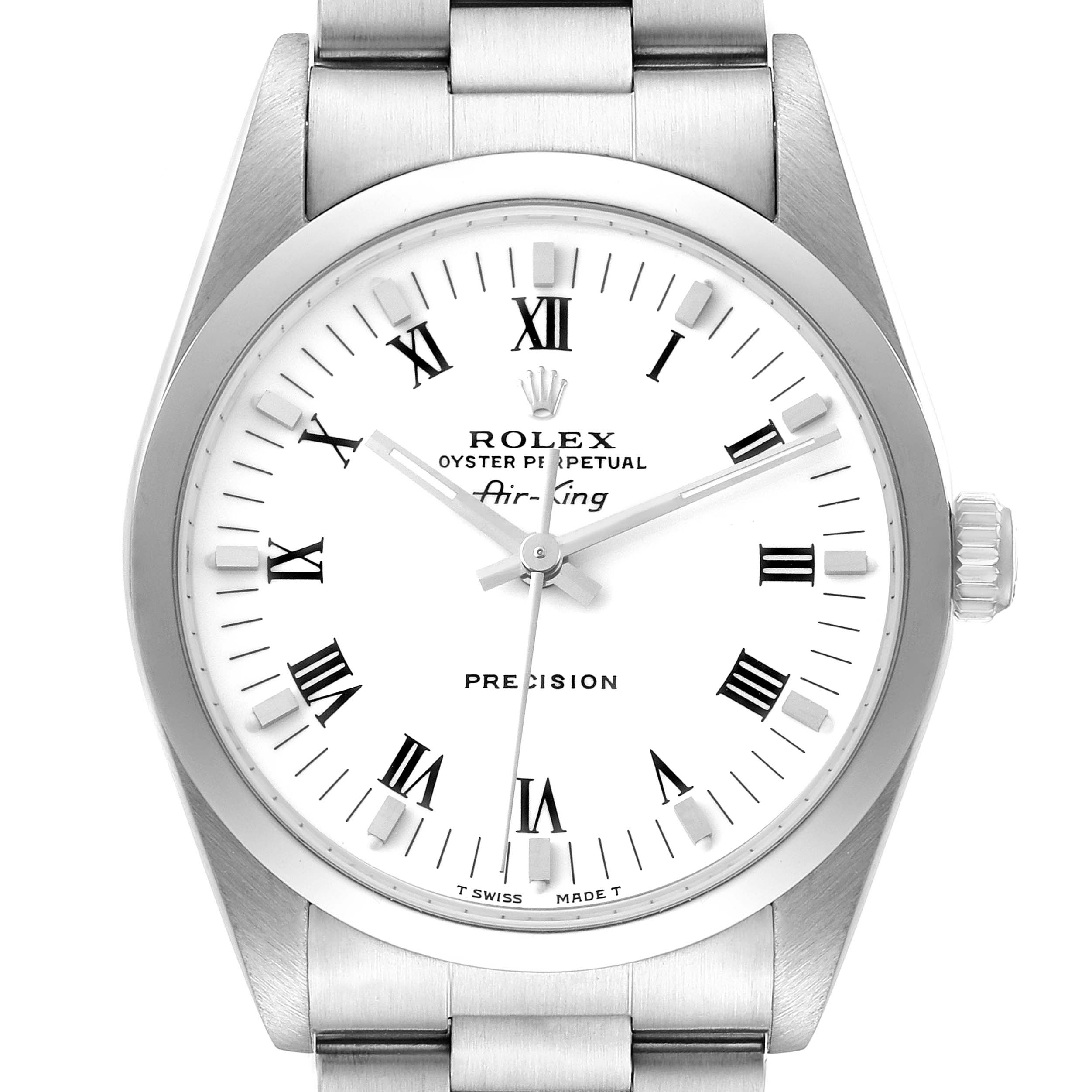 The image shows a front view of the Rolex Air-King 14000 Men's Stainless Steel White Dial 14000 Men's Stainless Steel White Dial watch, displaying its face, bezel, crown, and part of the bracelet.