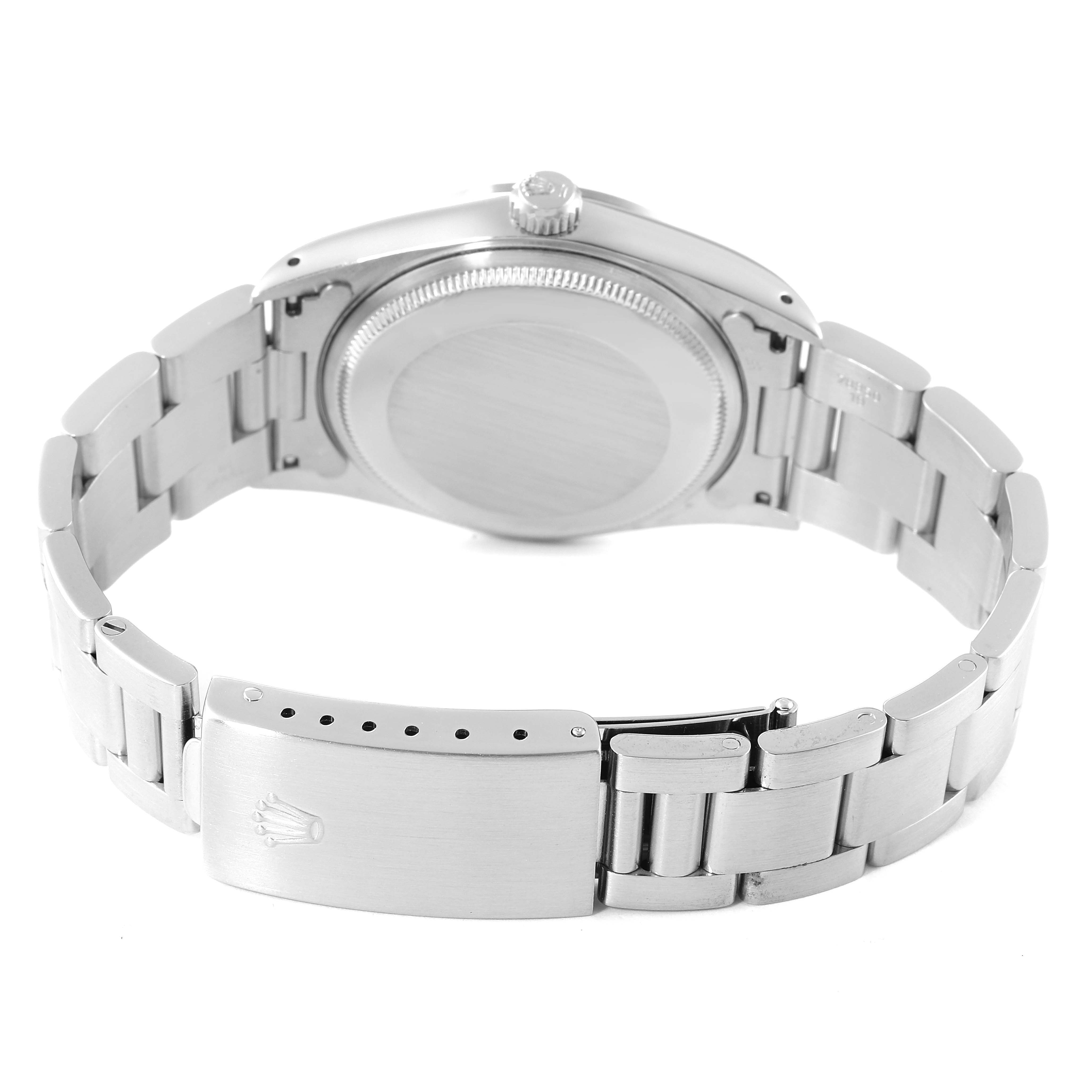 This image shows the back and clasp of a Rolex Air-King 14000 Men's Stainless Steel White Dial 14000 Men's Stainless Steel White Dial watch, highlighting the stainless steel bracelet.