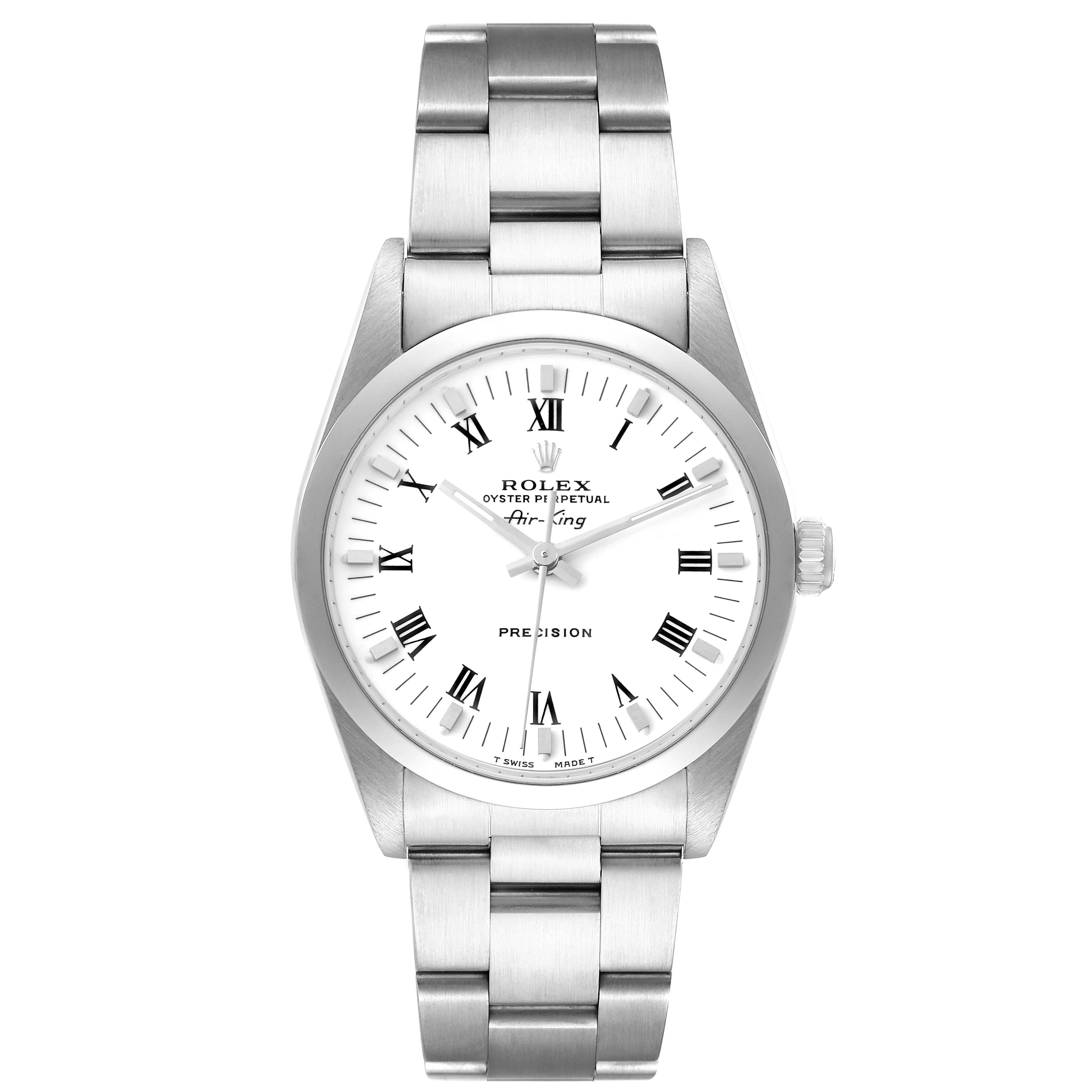 The image shows a front view of a Rolex Air-King 14000 Men's Stainless Steel White Dial 14000 Men's Stainless Steel White Dial watch, displaying its face, hands, and bracelet.