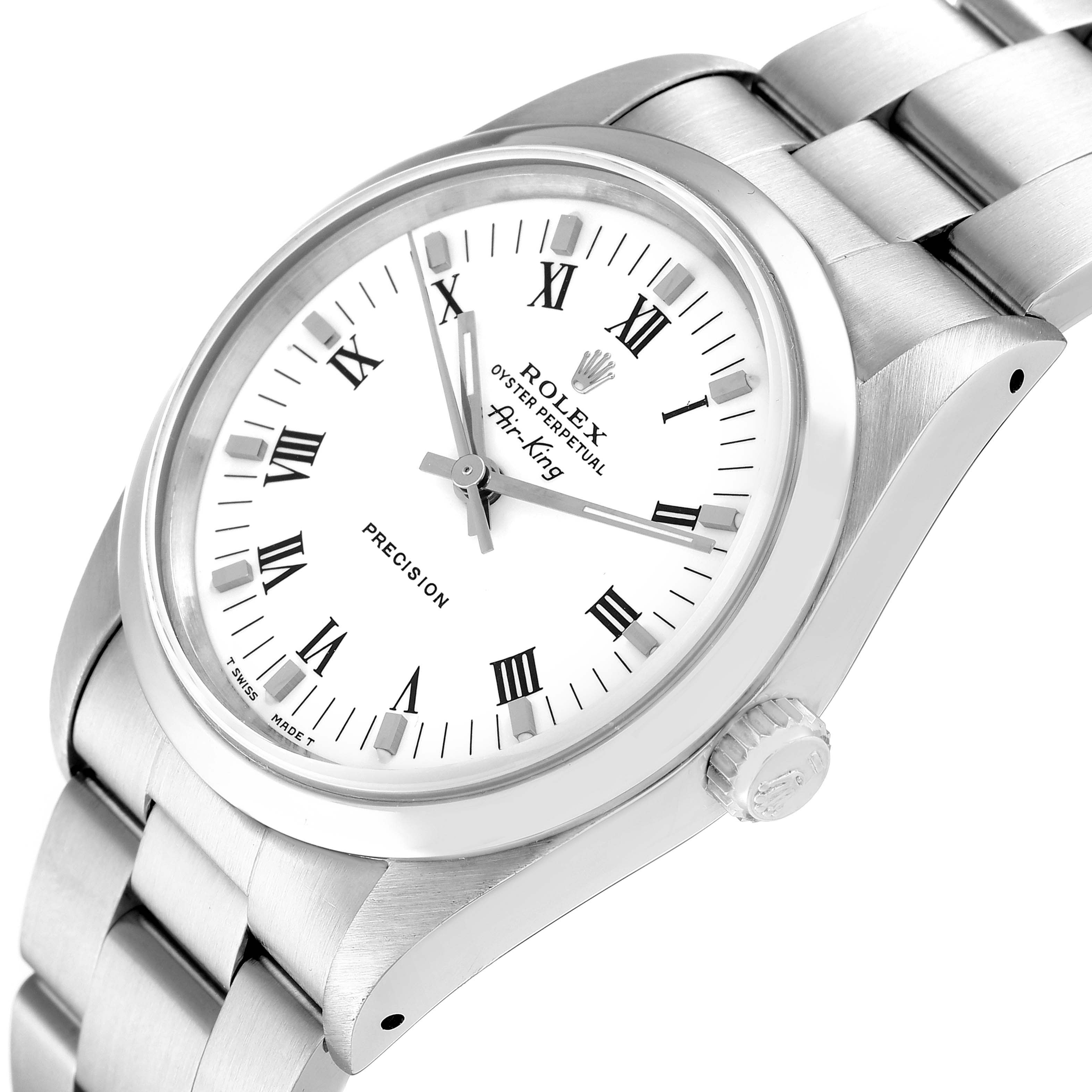This image shows a Rolex Air-King 14000 Men's Stainless Steel White Dial 14000 Men's Stainless Steel White Dial watch from a slight angled side view, highlighting its face, bezel, and part of the bracelet.