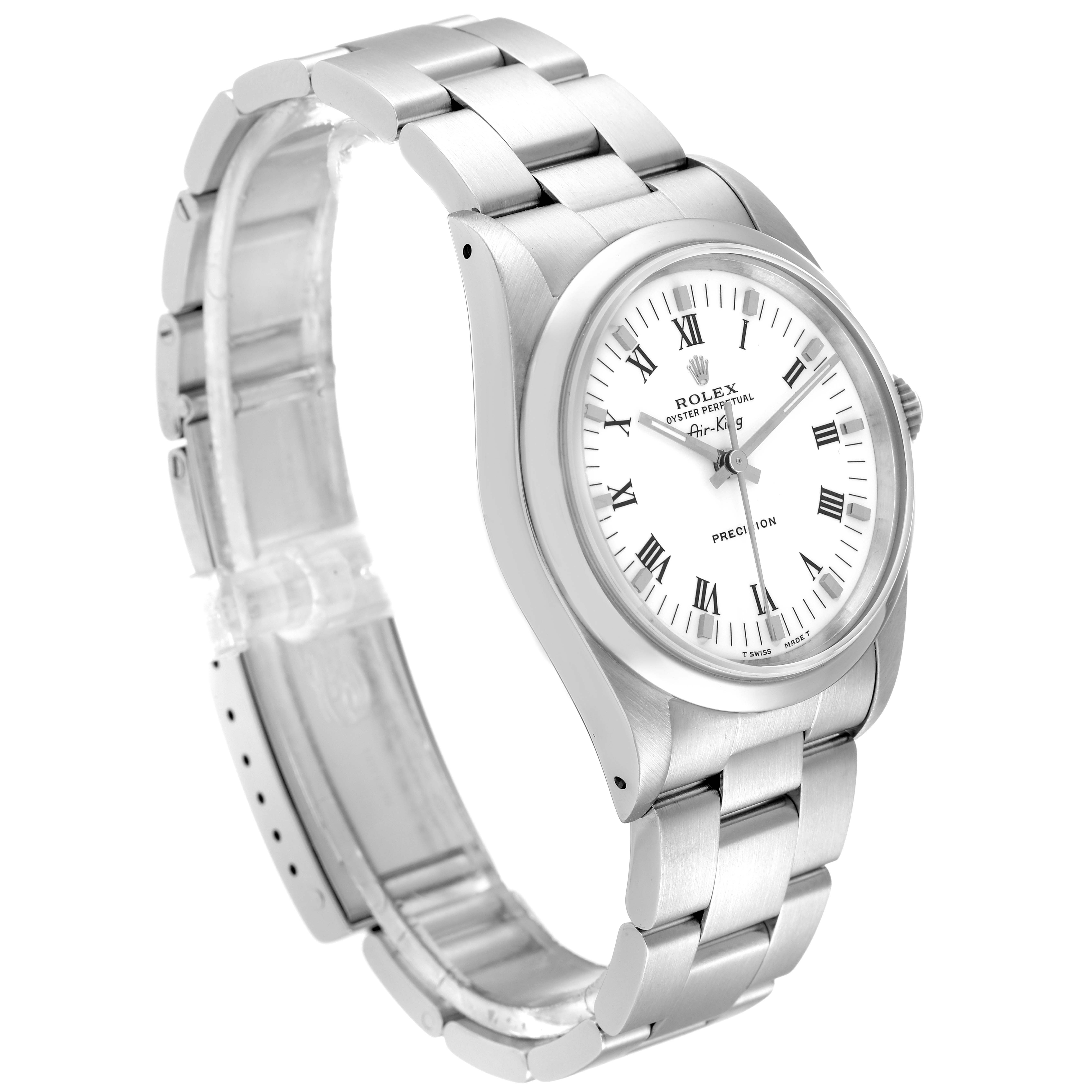 The image shows a side and front angle of the Rolex Air-King 14000 Men's Stainless Steel White Dial 14000 Men's Stainless Steel White Dial watch, featuring its bracelet, bezel, and dial with Roman numerals.