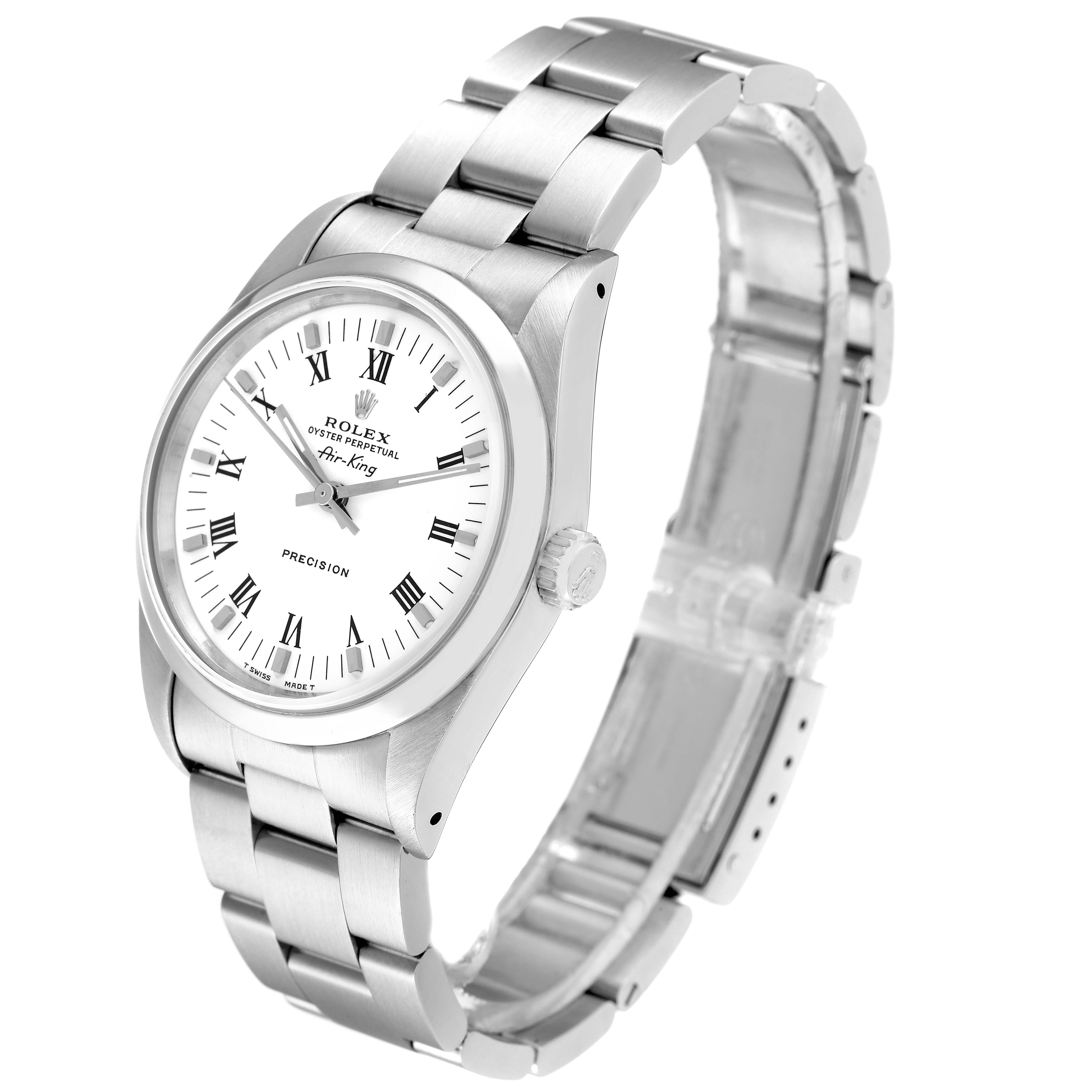 The image shows a Rolex Air-King 14000 Men's Stainless Steel White Dial 14000 Men's Stainless Steel White Dial watch at an angled view, highlighting the face, bezel, crown, and bracelet.
