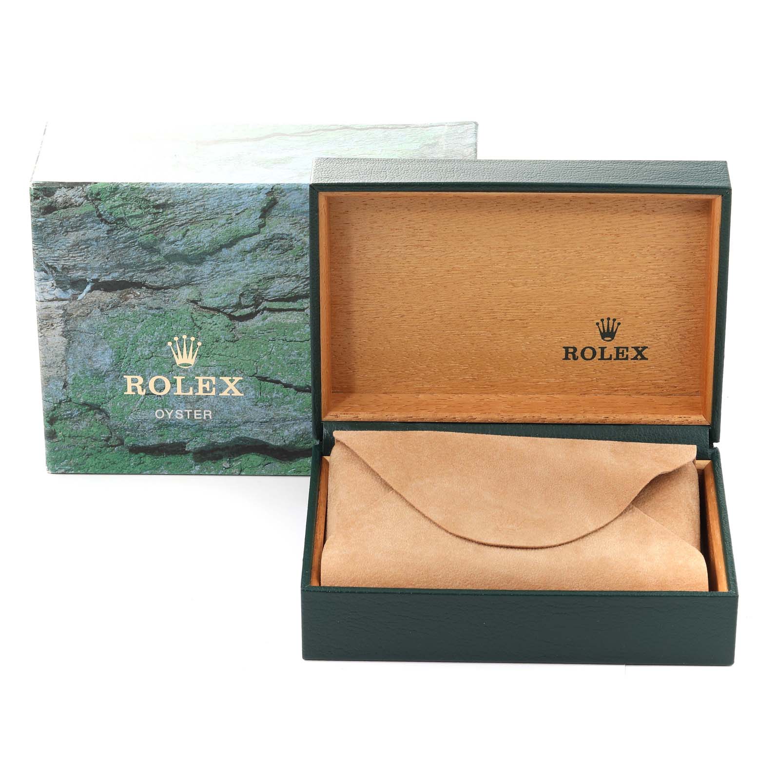 The image shows the packaging for a Rolex Air-King 14000 Men's Stainless Steel White Dial 14000 Men's Stainless Steel White Dial watch, including the outer box, wooden inner box, and a suede pouch.