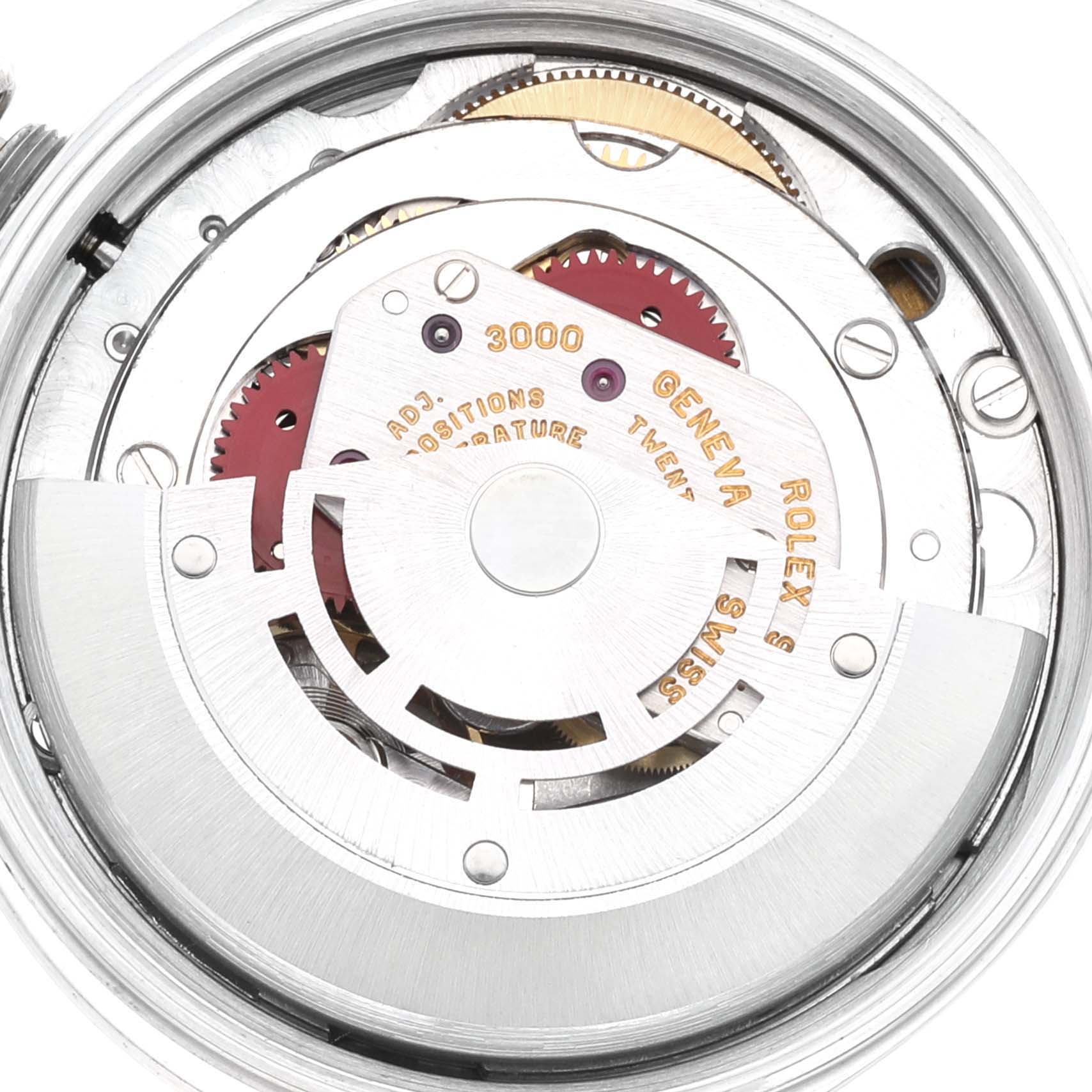 The image shows the internal mechanical movement of a Rolex Air-King 14000 Men's Stainless Steel White Dial 14000 Men's Stainless Steel White Dial watch, viewed from the back.
