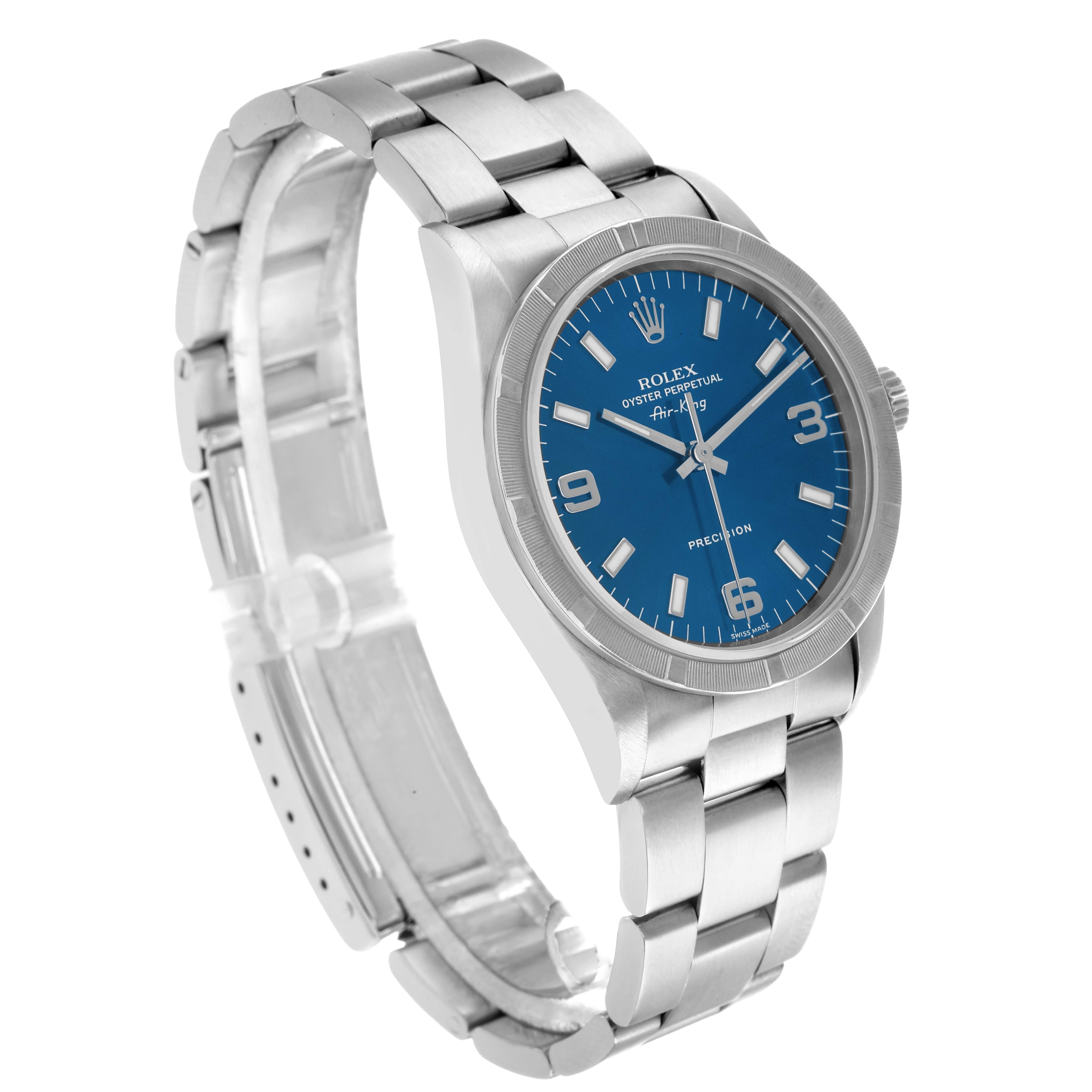 The Rolex Air-King 14010 Men
s Stainless Steel Blue Dial watch is shown at a three-quarter angle, highlighting the blue dial, bezel, and metal bracelet.