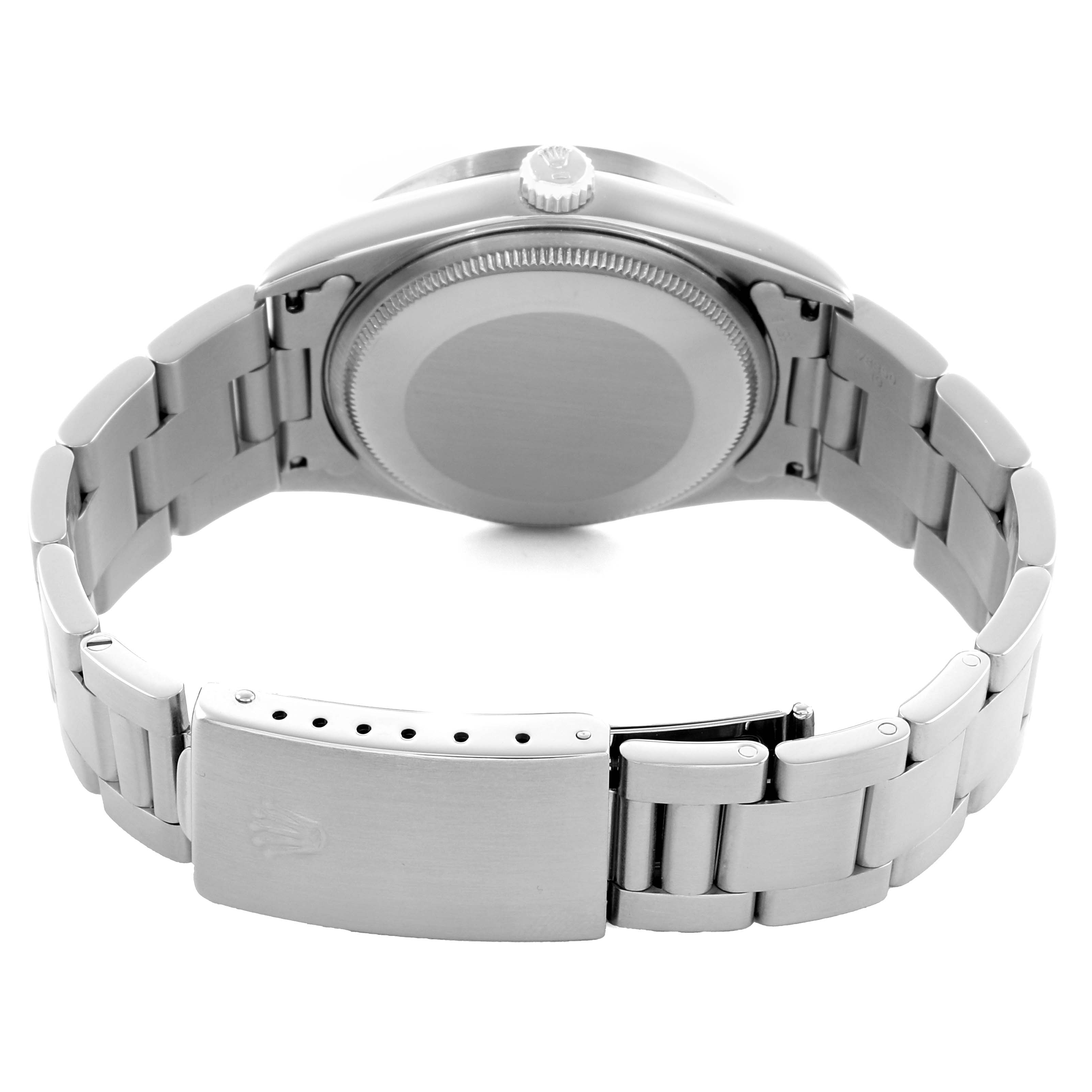 The image shows the back view of the Rolex Air-King 14010 Men
s Stainless Steel Blue Dial, highlighting the case back and bracelet clasp.