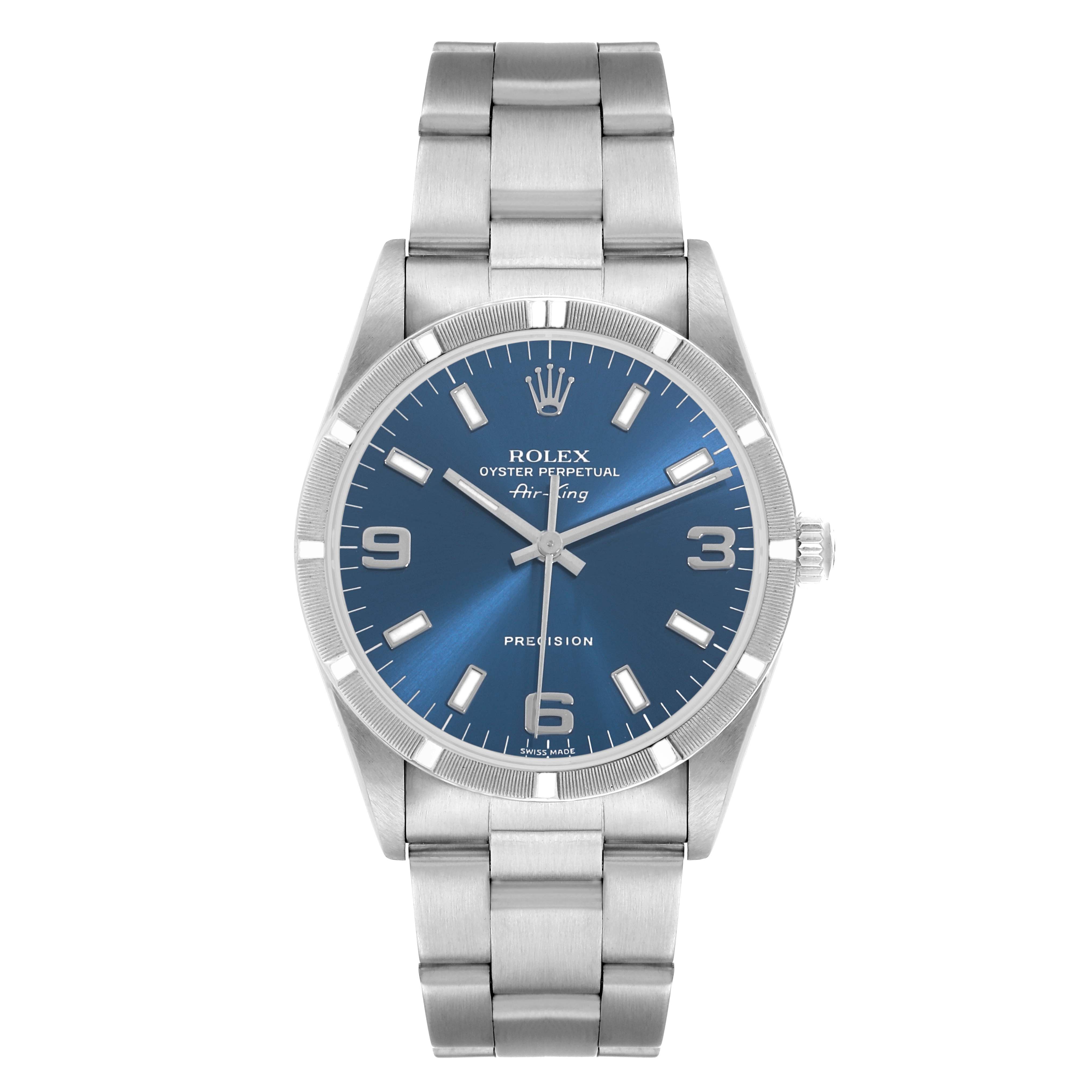 The Rolex Air-King 14010 Men
s Stainless Steel Blue Dial is shown from a straight-on angle, displaying the face, dial, and bracelet clearly.