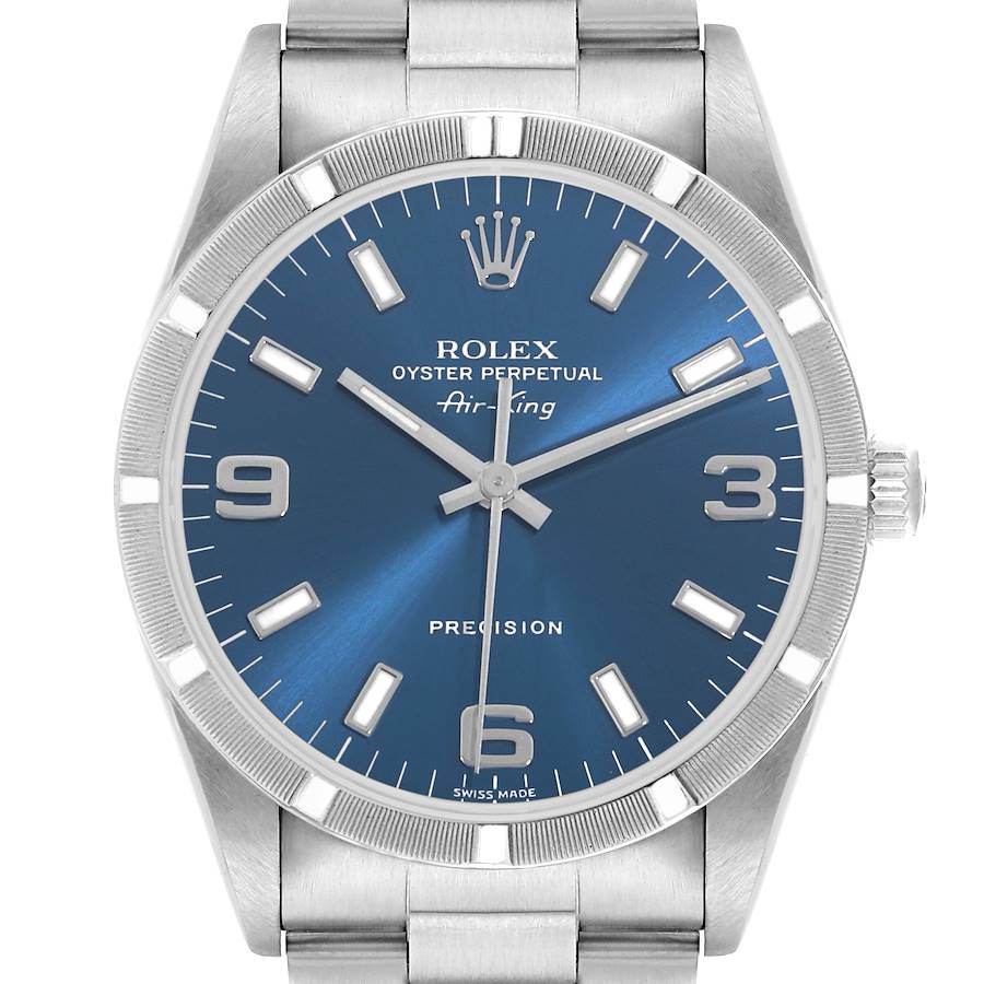 The image shows a front view of the Rolex Air-King 14010 Men's Stainless Steel Blue Dial watch, highlighting its blue dial, hour markers, hands, and crown.