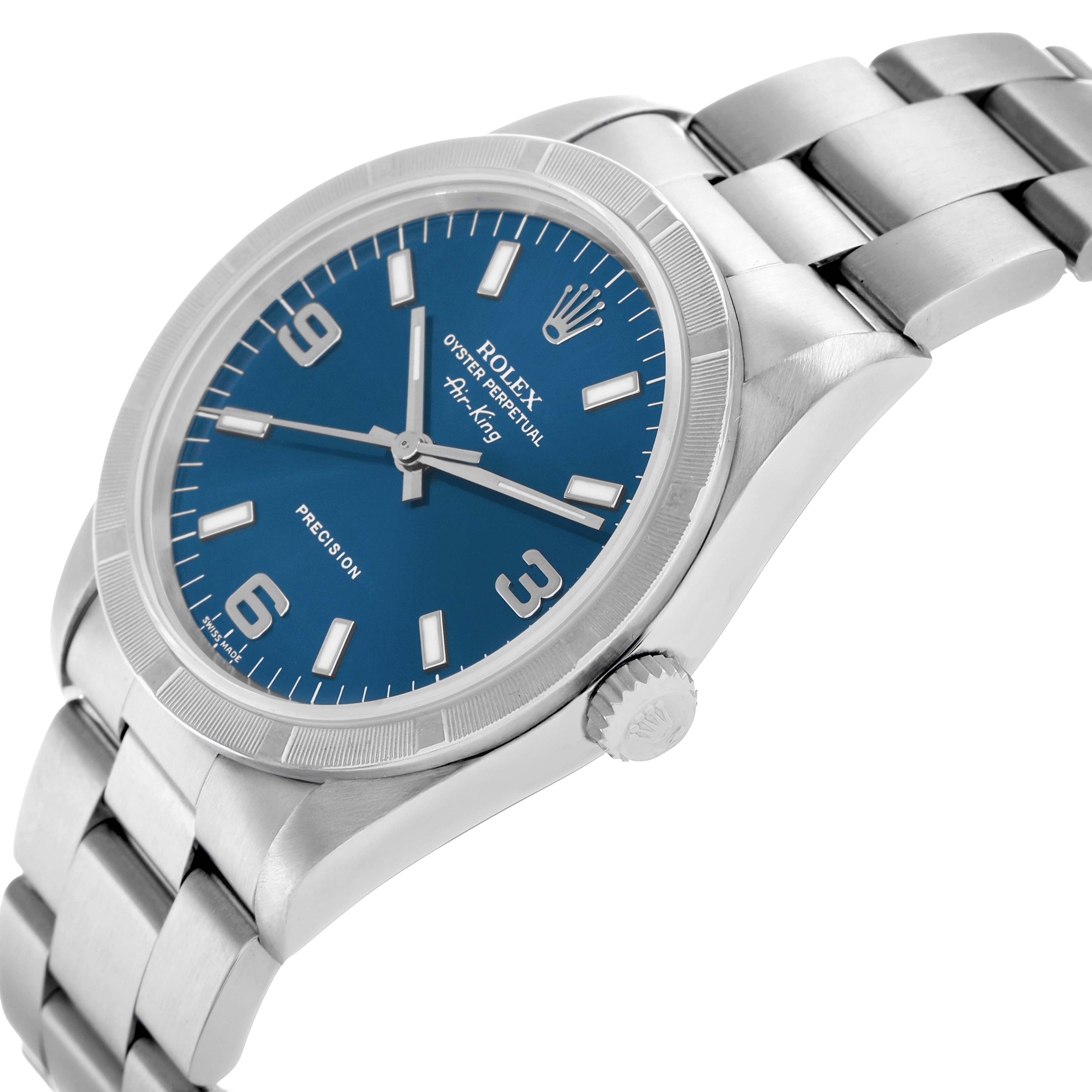 The Rolex Air-King 14010 Men
s Stainless Steel Blue Dial watch is angled to show the side of the case, crown, bracelet, and blue dial.
