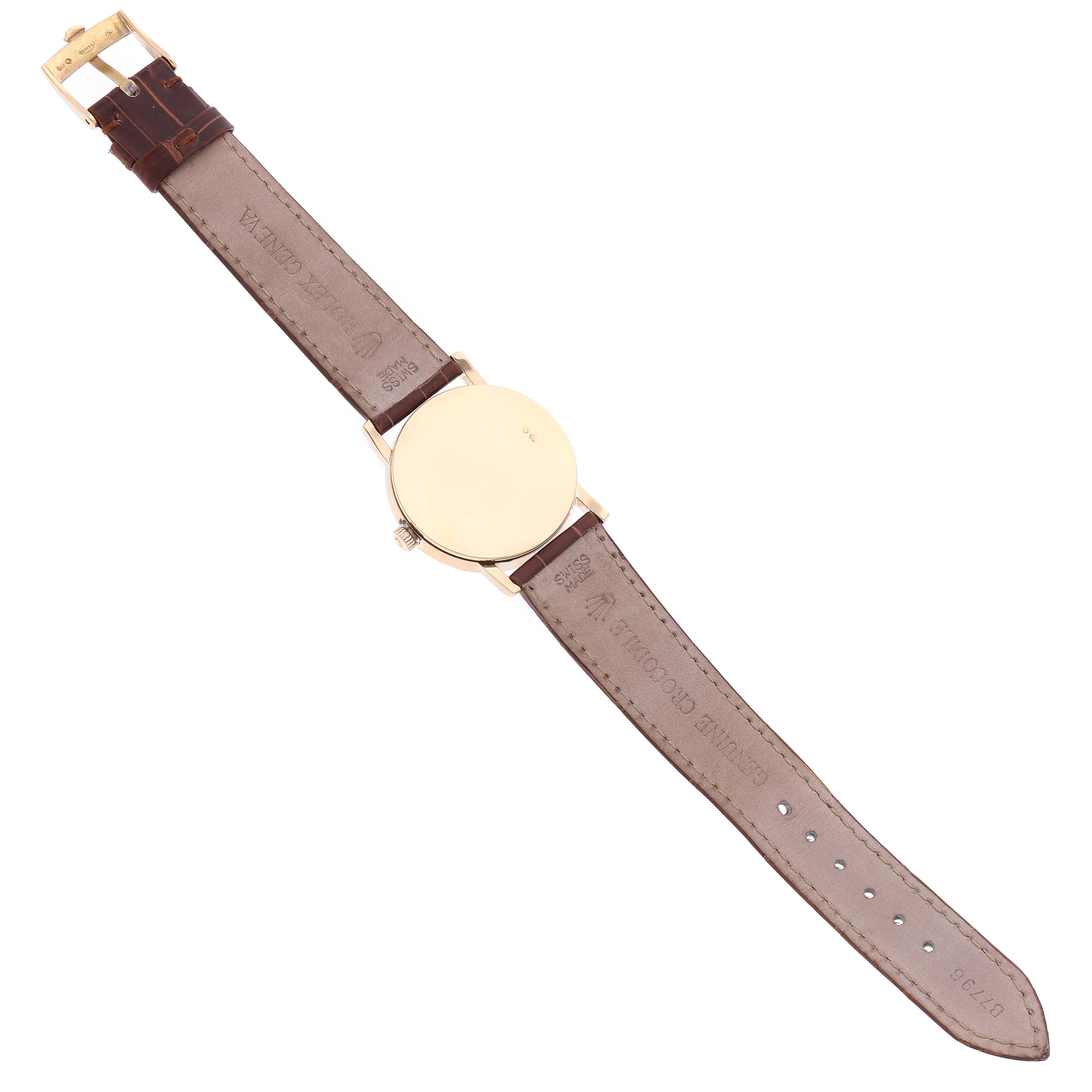 The image shows the back view of a Rolex Cellini 5115/8 Men's Yellow Gold Silver Dial 5115/8 Men's Yellow Gold Silver Dial watch, displaying its leather strap, buckle, and case back.