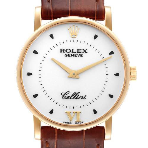 Photo of Rolex Cellini Classic Yellow Gold Silver Dial Brown Strap Mens Watch 5115 Papers