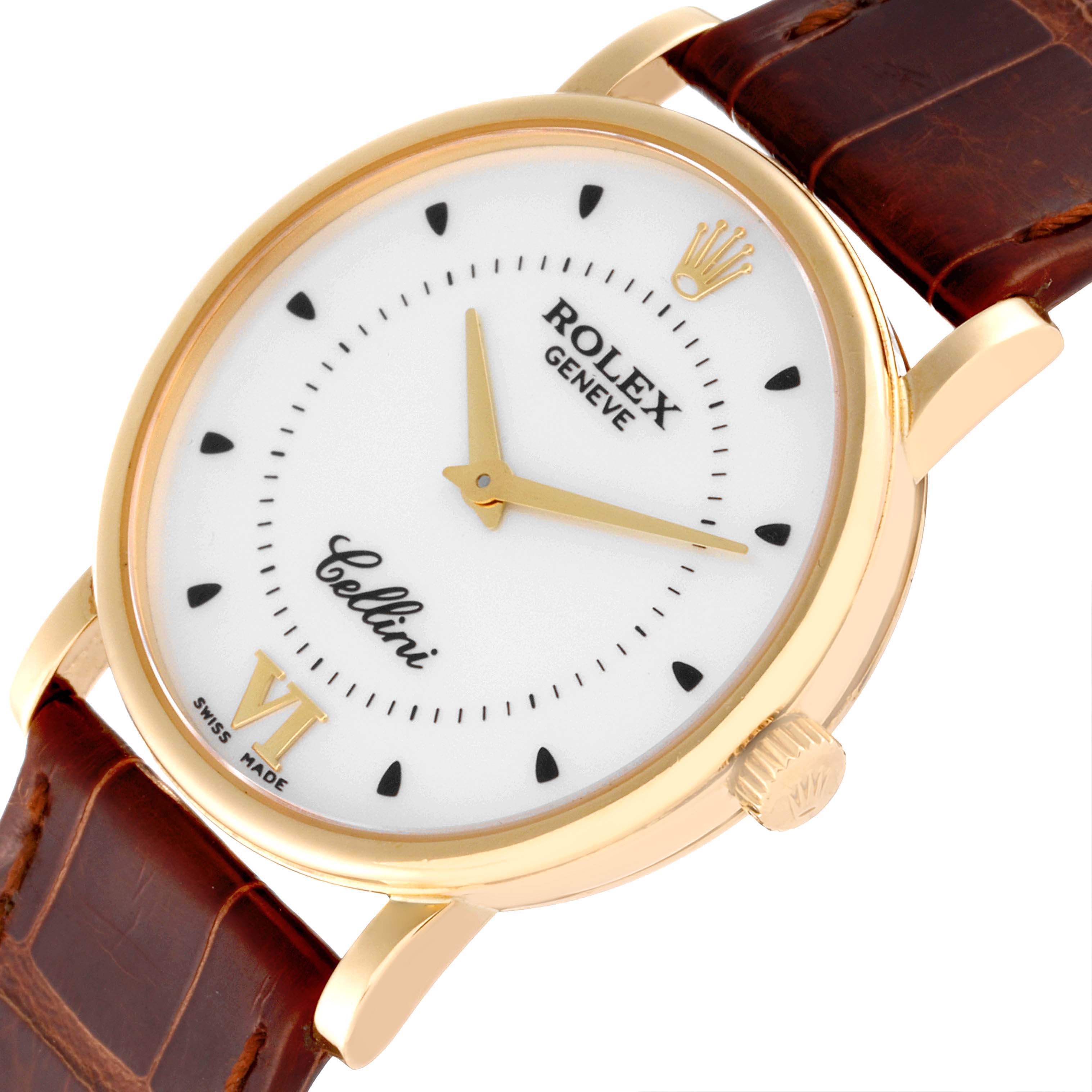 The Rolex Cellini 5115/8 Men's Yellow Gold Silver Dial 5115/8 Men's Yellow Gold Silver Dial watch is angled slightly to the right, showing the dial, crown, and part of the leather strap.