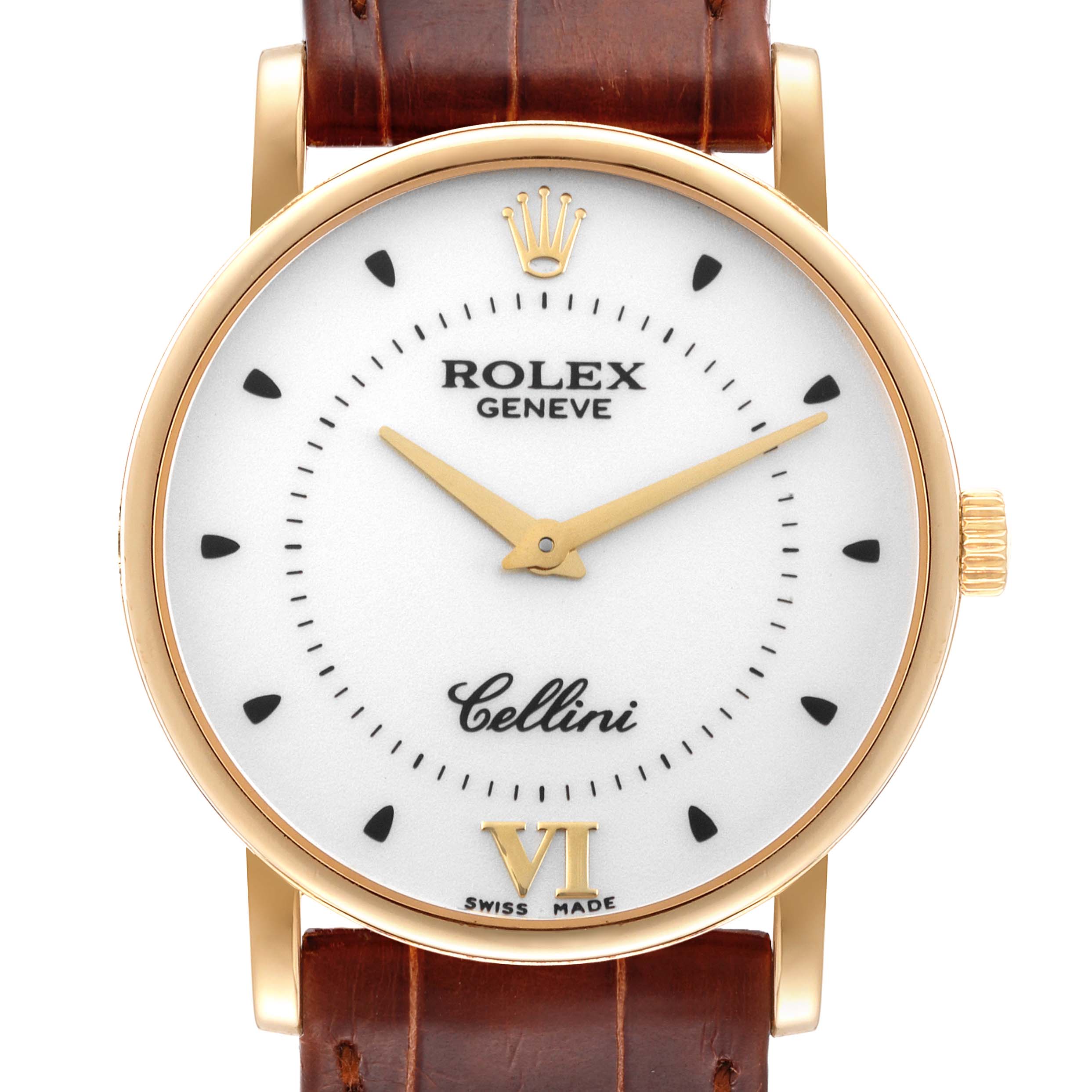 This is a front view of a Rolex Cellini 5115/8 Men's Yellow Gold Silver Dial 5115/8 Men's Yellow Gold Silver Dial watch, displaying the dial, crown, and part of the leather strap.