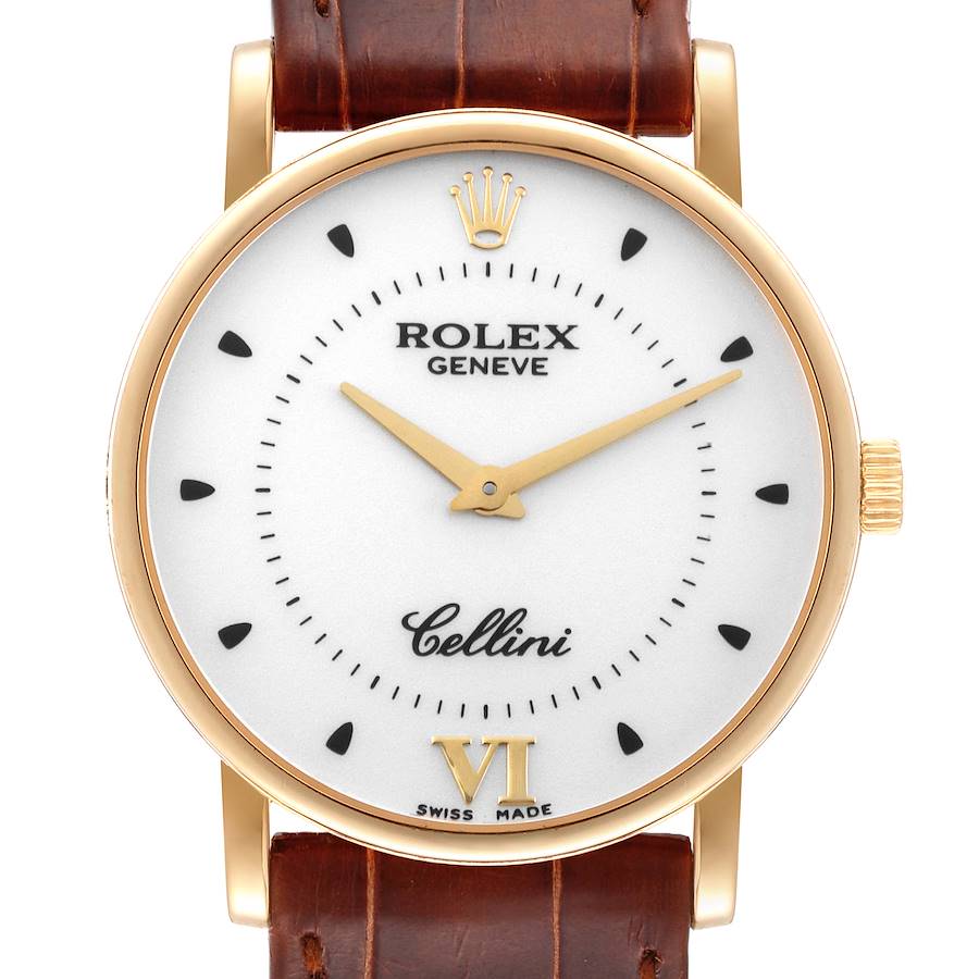 Rolex Cellini Classic Yellow Gold Silver Dial Brown Strap Mens Watch 5115 Papers SwissWatchExpo