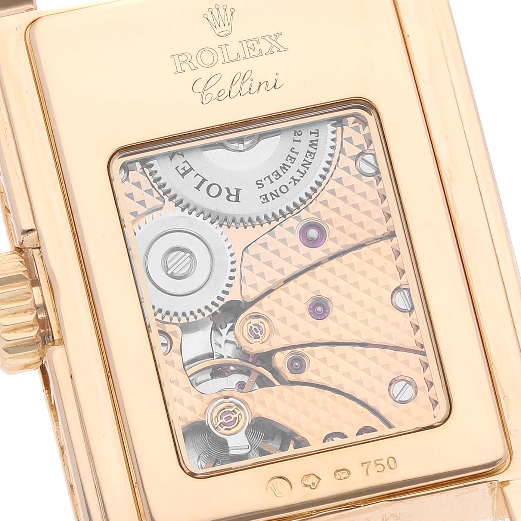 The image shows the back of the Rolex Cellini 5440/8 Men's Yellow Gold Champagne Dial 5440/8 Men's Yellow Gold Champagne Dial watch, showcasing its intricate mechanical movement.