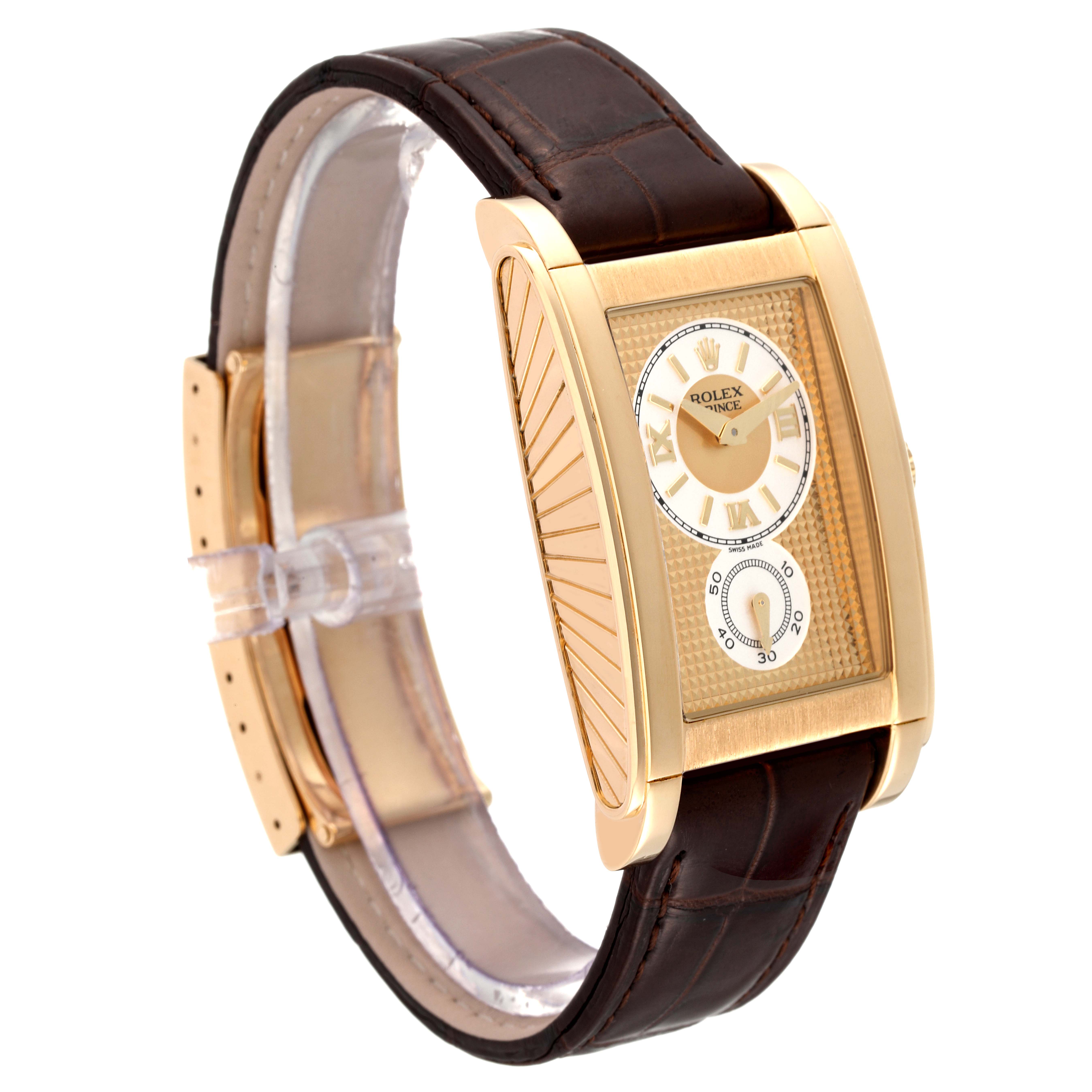 This image shows a Rolex Cellini 5440/8 Men's Yellow Gold Champagne Dial 5440/8 Men's Yellow Gold Champagne Dial watch at an angle highlighting its gold rectangular case, brown leather strap, and intricate dial.
