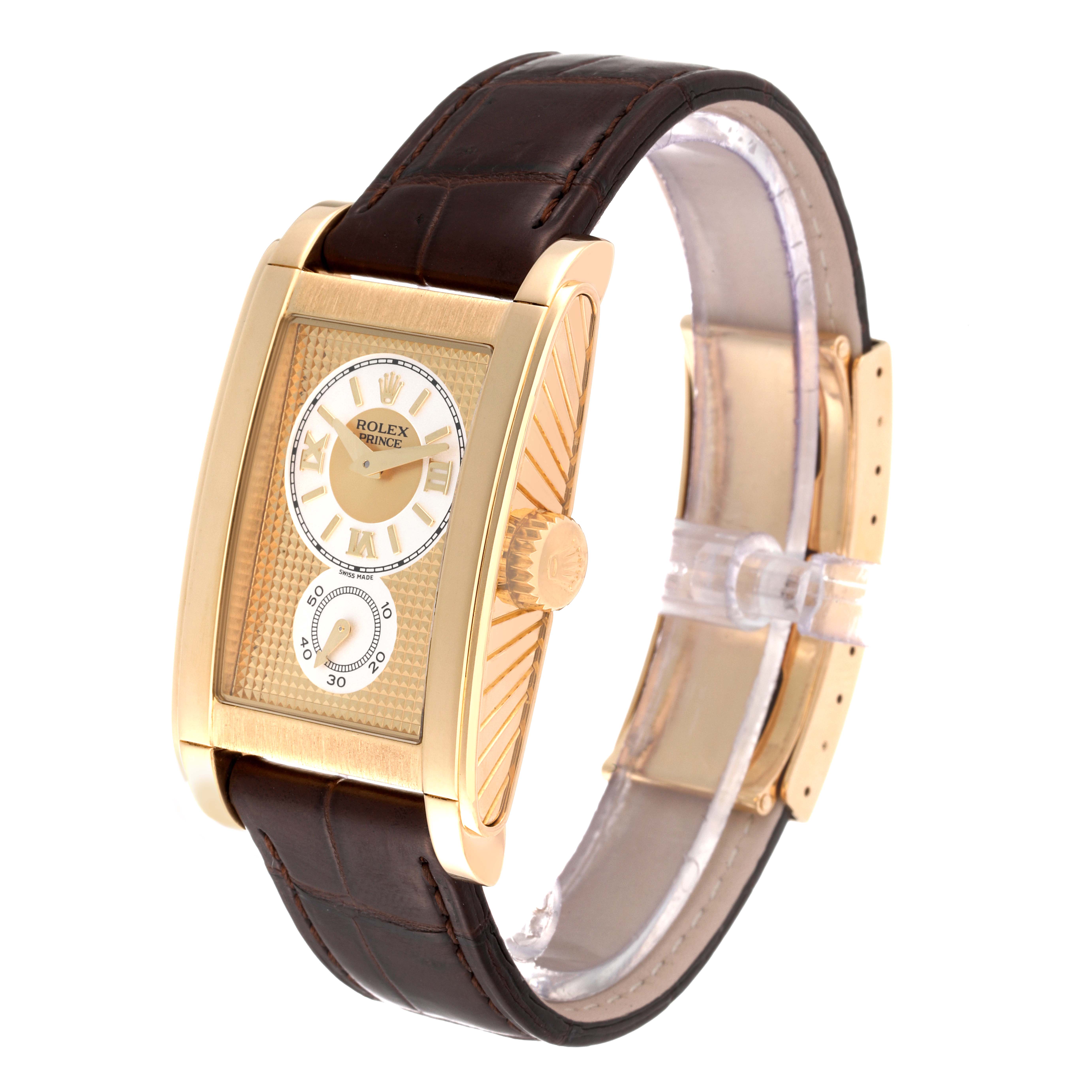 The image shows a Rolex Cellini 5440/8 Men's Yellow Gold Champagne Dial 5440/8 Men's Yellow Gold Champagne Dial watch at a three-quarter angle, highlighting its gold rectangular case and brown leather strap.