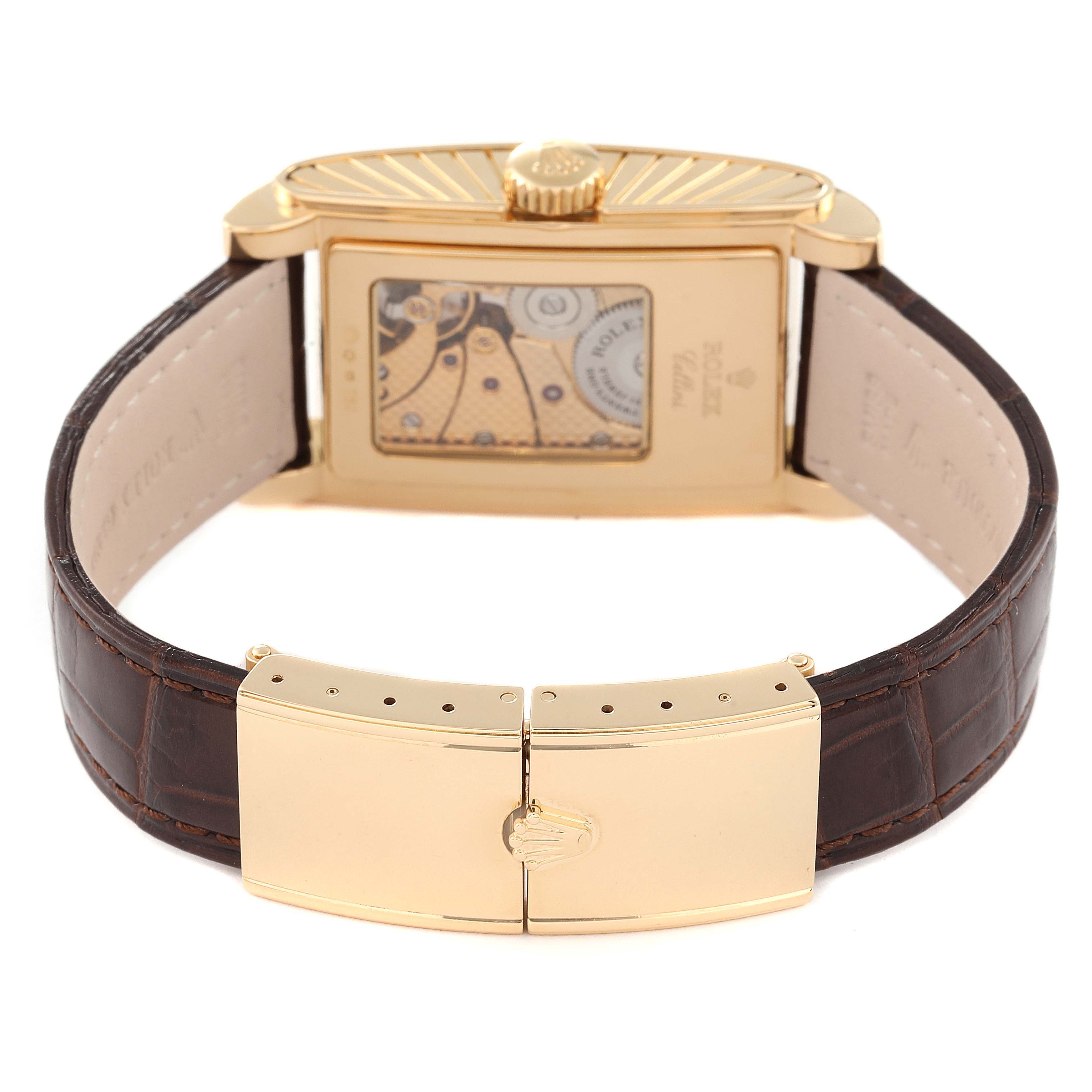 The image shows the back view of a Rolex Cellini 5440/8 Men's Yellow Gold Champagne Dial 5440/8 Men's Yellow Gold Champagne Dial watch, highlighting the backcase, strap, and clasp.