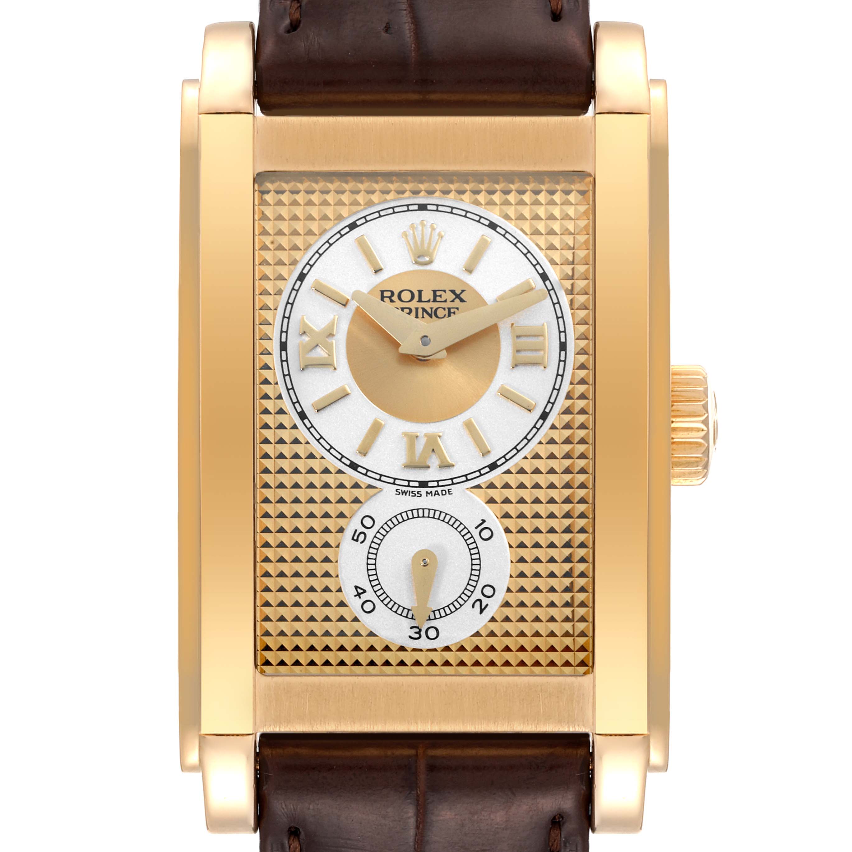 The image shows a front view of the Rolex Cellini 5440/8 Men's Yellow Gold Champagne Dial 5440/8 Men's Yellow Gold Champagne Dial model watch, highlighting the gold case, dial, hands, and leather strap.