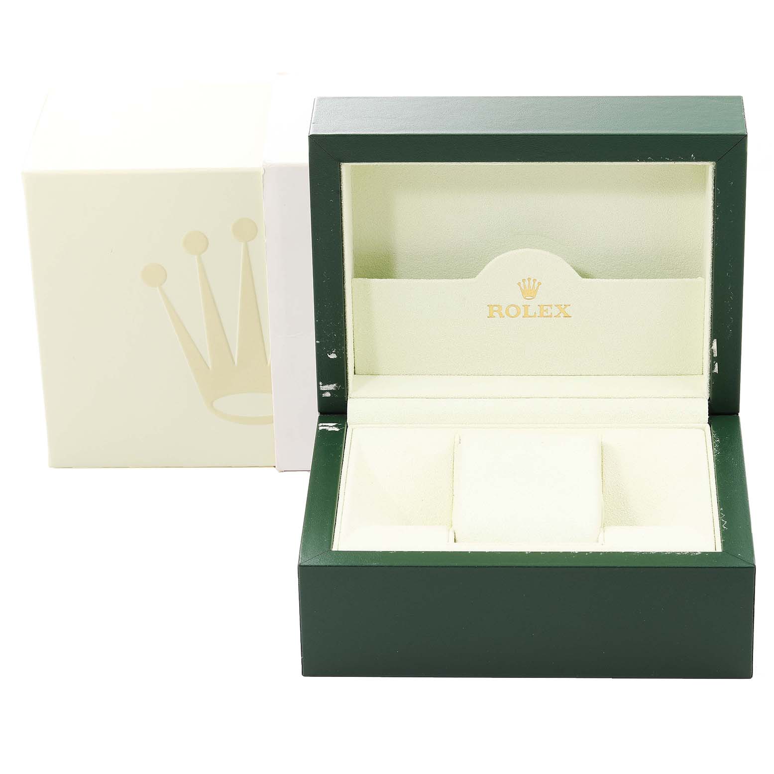 The image shows an open watch box with the lid displaying the Rolex logo, designed for the Rolex Cellini 5440/8 Men's Yellow Gold Champagne Dial 5440/8 Men's Yellow Gold Champagne Dial model.