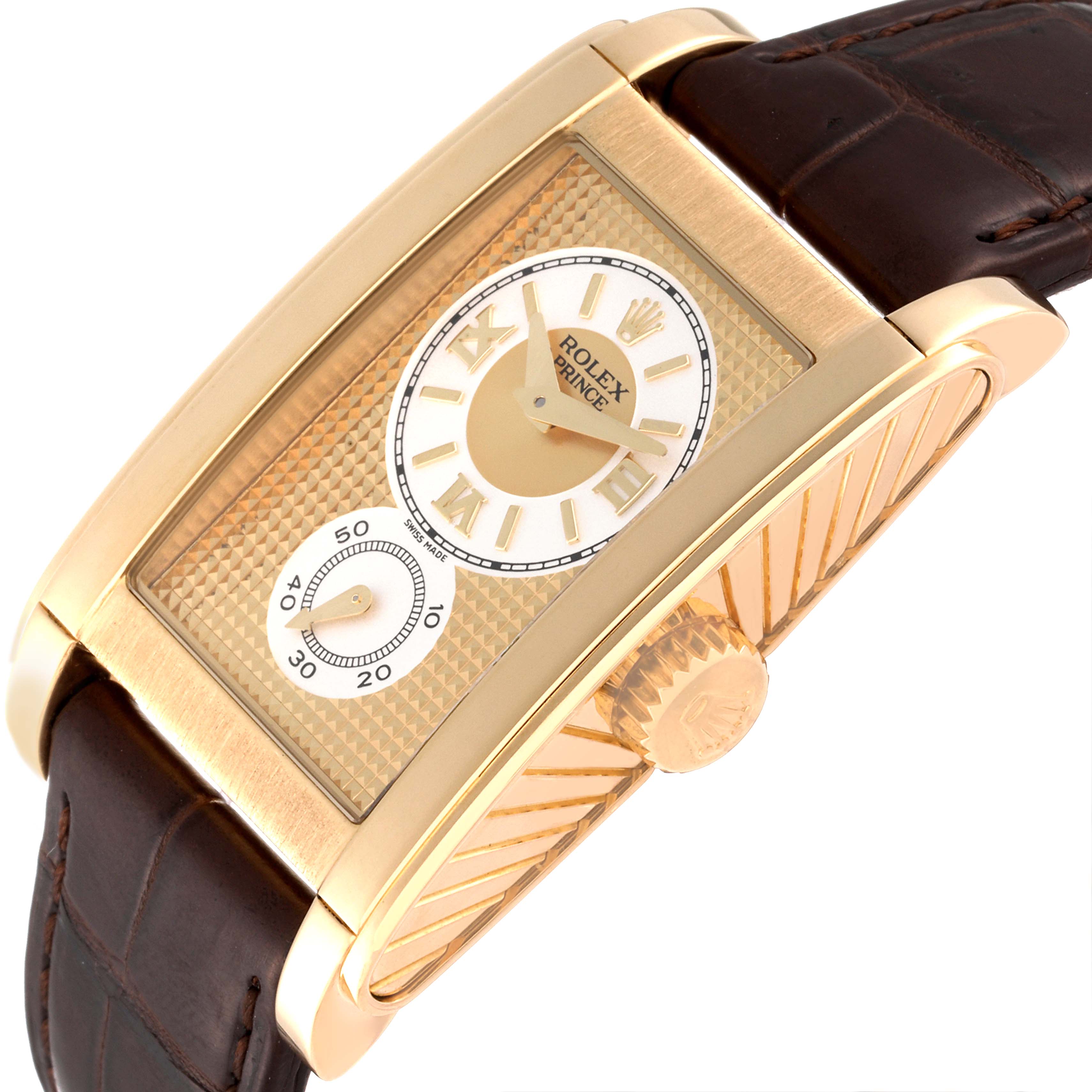 The image shows a side angle view of the Rolex Cellini 5440/8 Men's Yellow Gold Champagne Dial 5440/8 Men's Yellow Gold Champagne Dial watch, featuring its dial, crown, and brown leather strap.