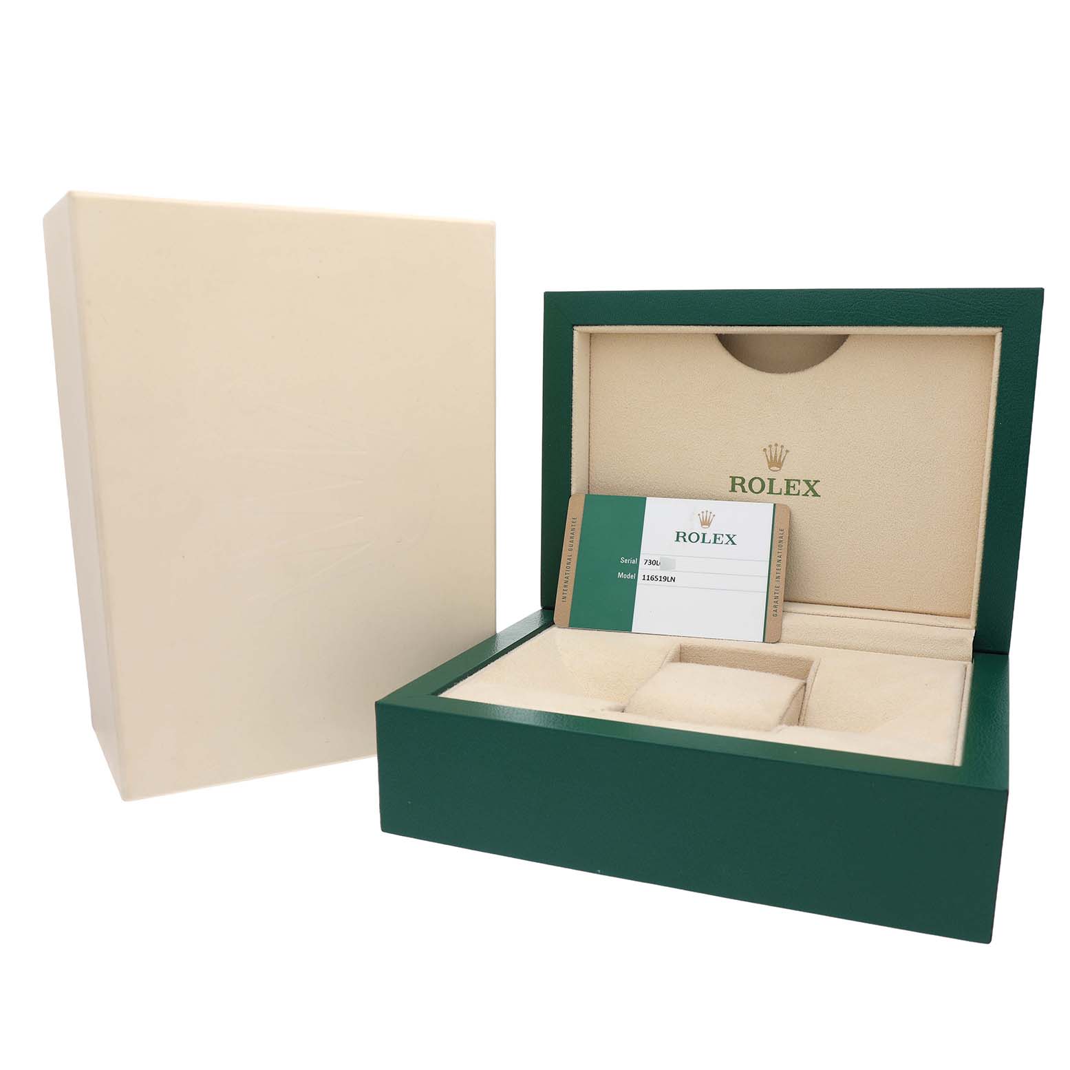 The image shows the packaging for a Rolex Daytona 116519LN Men's White Gold Silver Dial watch, including the box, warranty card, and outer cover.