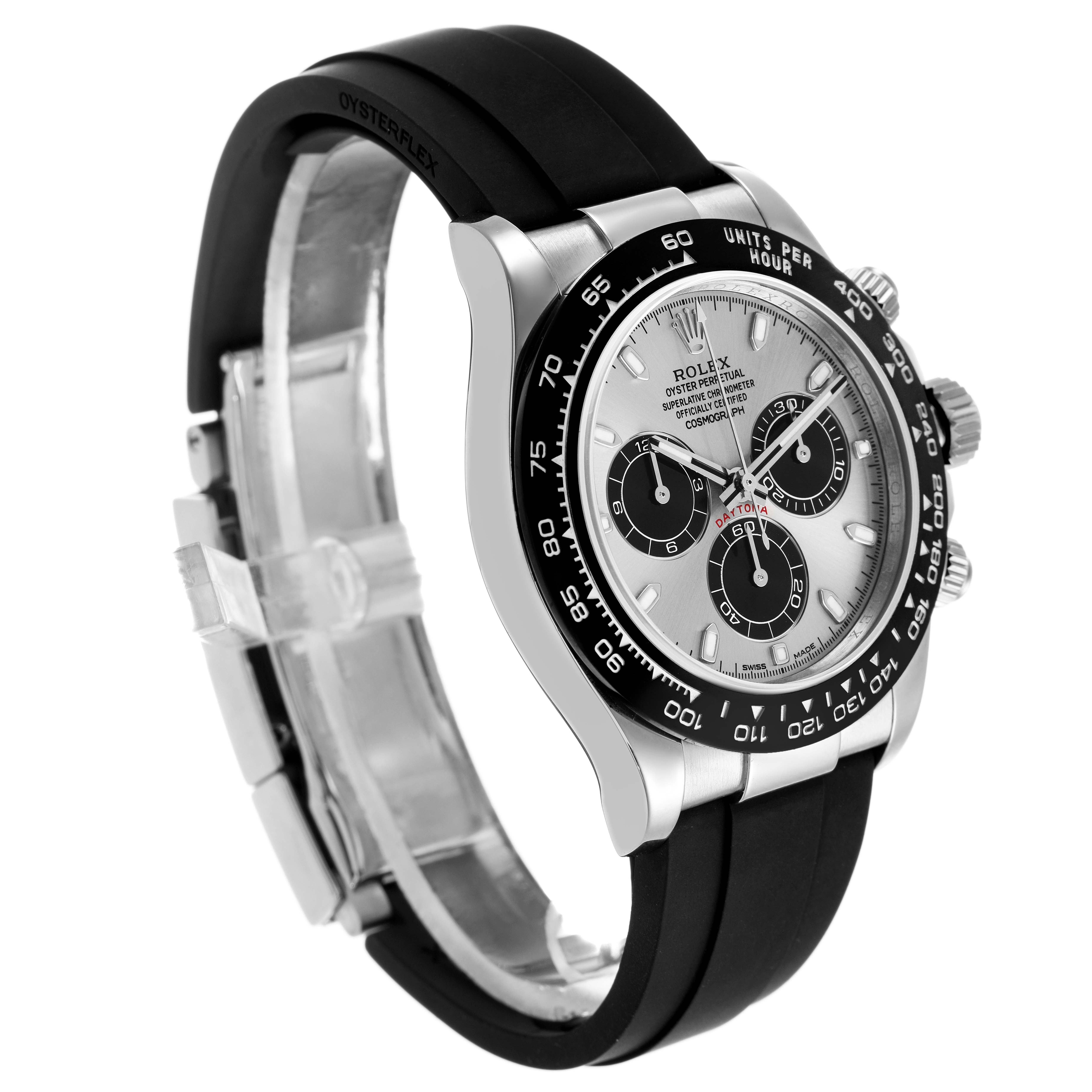 The Rolex Daytona 116519LN Men's White Gold Silver Dial watch is shown at a slight side angle, highlighting its bezel, dial, pushers, and Oysterflex strap.