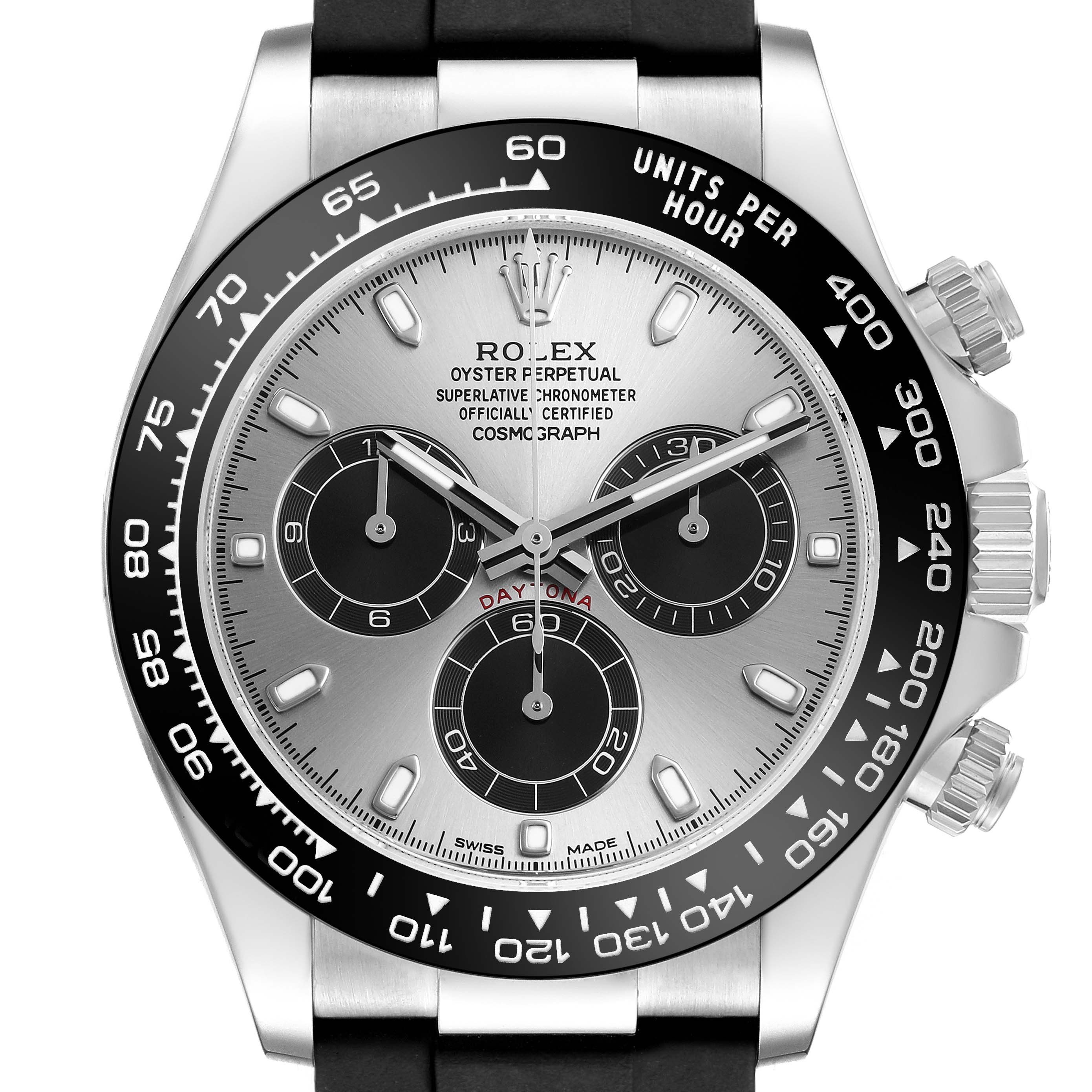 The Rolex Daytona 116519LN Men's White Gold Silver Dial watch is shown from the front, highlighting the dial, bezel, subdials, and pushers.