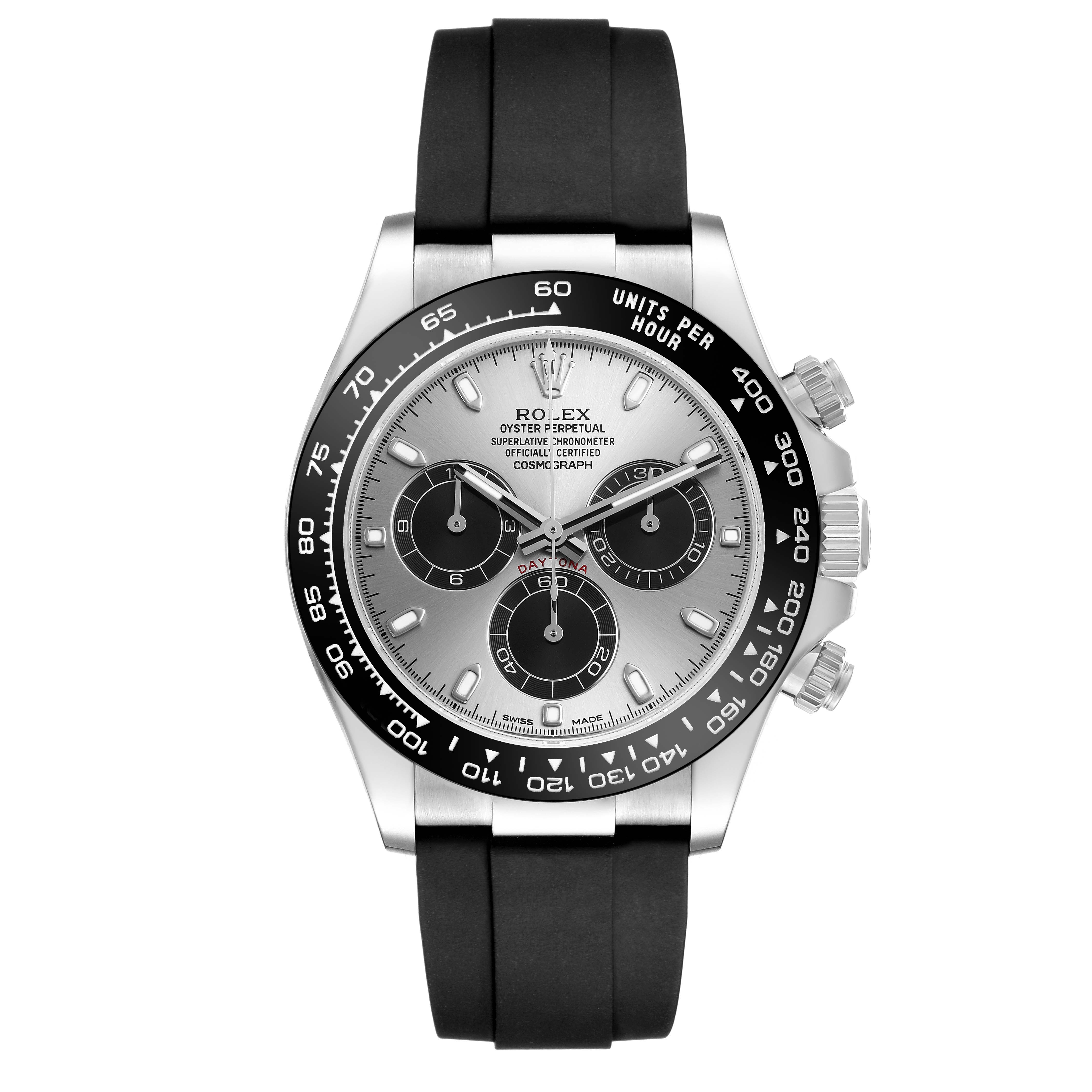 The Rolex Daytona 116519LN Men's White Gold Silver Dial watch is shown from the front, highlighting the face, bezel, and strap.