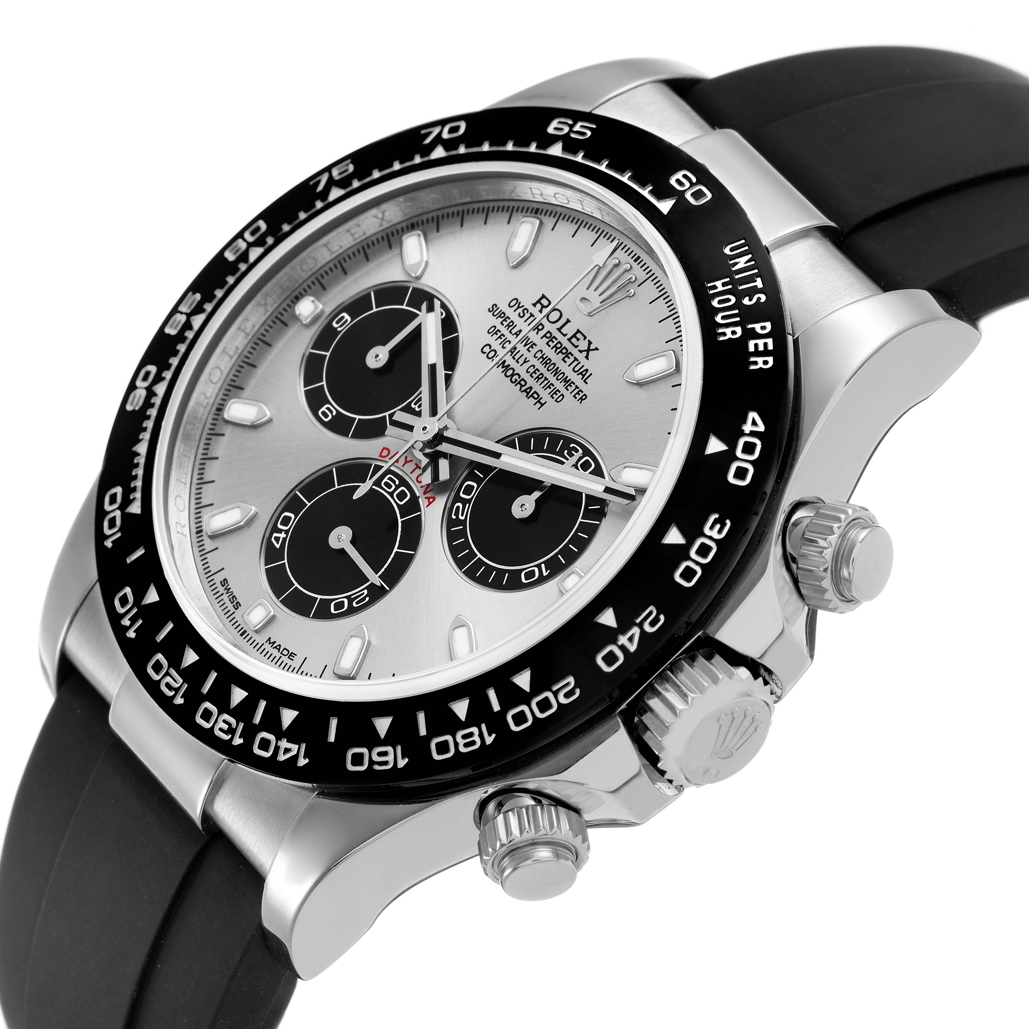The Rolex Daytona 116519LN Men's White Gold Silver Dial watch is shown at an angled side view, highlighting the bezel, dial, crown, and pushers.