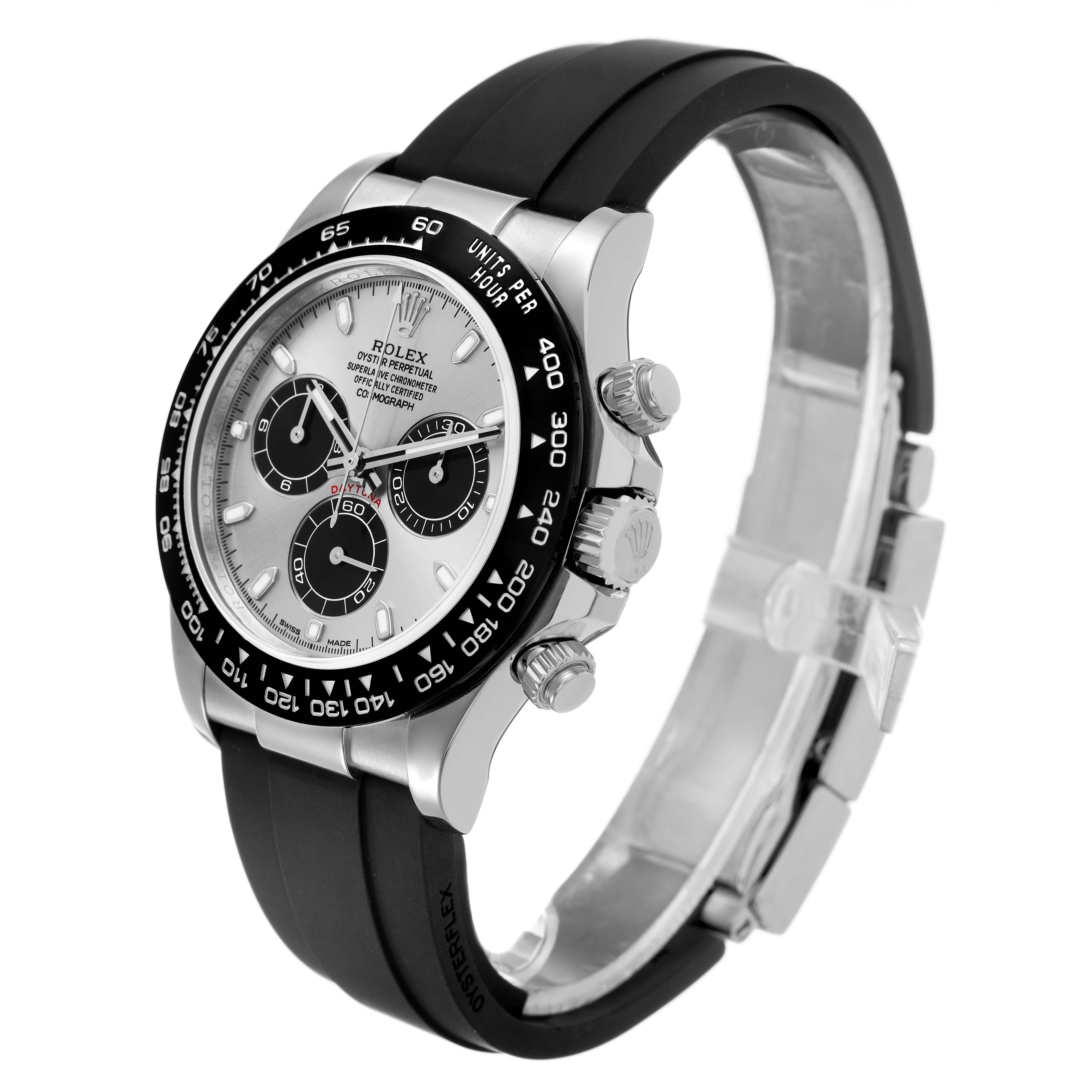 The image shows a Rolex Daytona 116519LN Men's White Gold Silver Dial watch at a three-quarter angle, highlighting the face, bezel, crown, and strap.