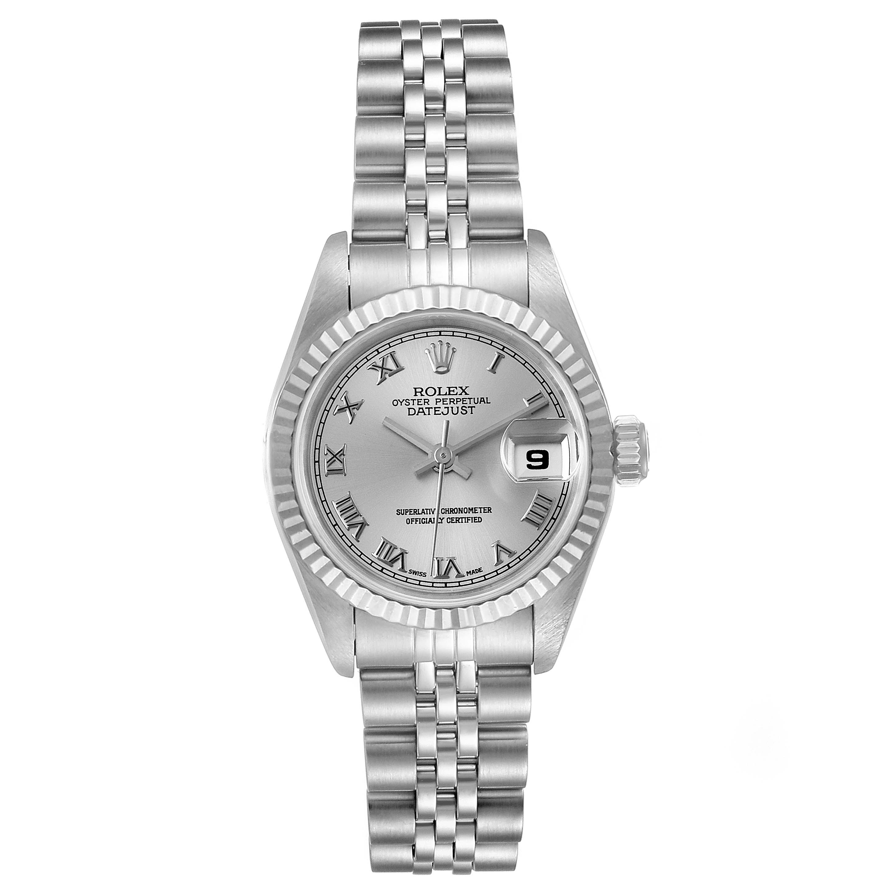 The image shows a front view of a Rolex Datejust 69174 Women
s Stainless Steel Silver Dial 69174 Women
s Stainless Steel Silver Dial watch, including its bracelet, dial, bezel, and crown.