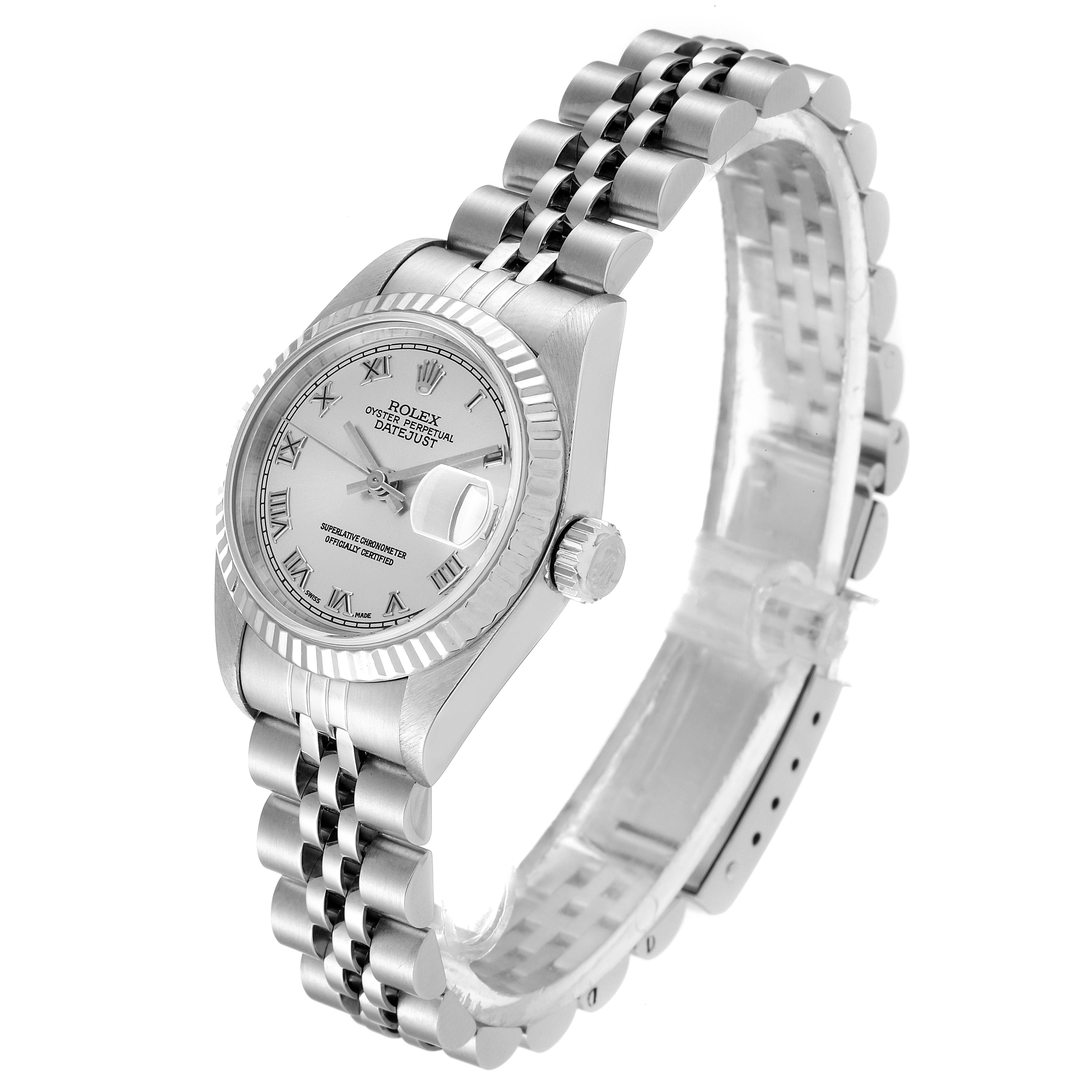 The image shows a Rolex Datejust 69174 Women
s Stainless Steel Silver Dial 69174 Women
s Stainless Steel Silver Dial watch at a three-quarter angle highlighting the dial, bezel, crown, and Jubilee bracelet.