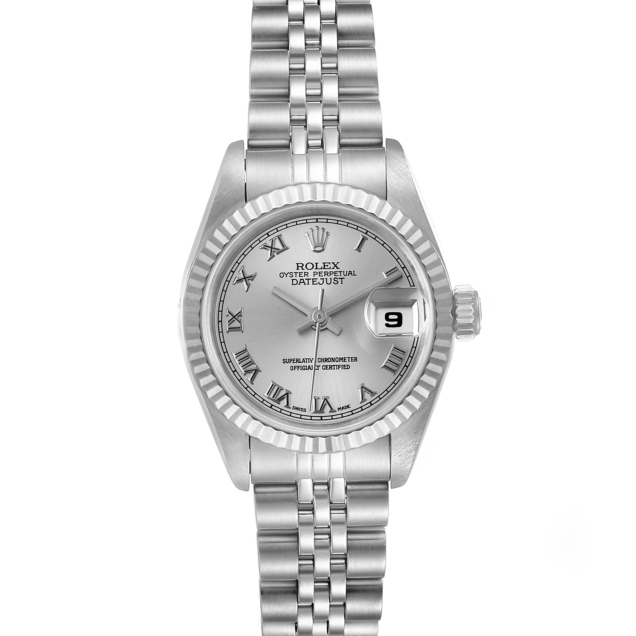 The image shows a front view of a Rolex Datejust 69174 Women
s Stainless Steel Silver Dial 69174 Women
s Stainless Steel Silver Dial watch, displaying the face, bezel, bracelet, and date window.