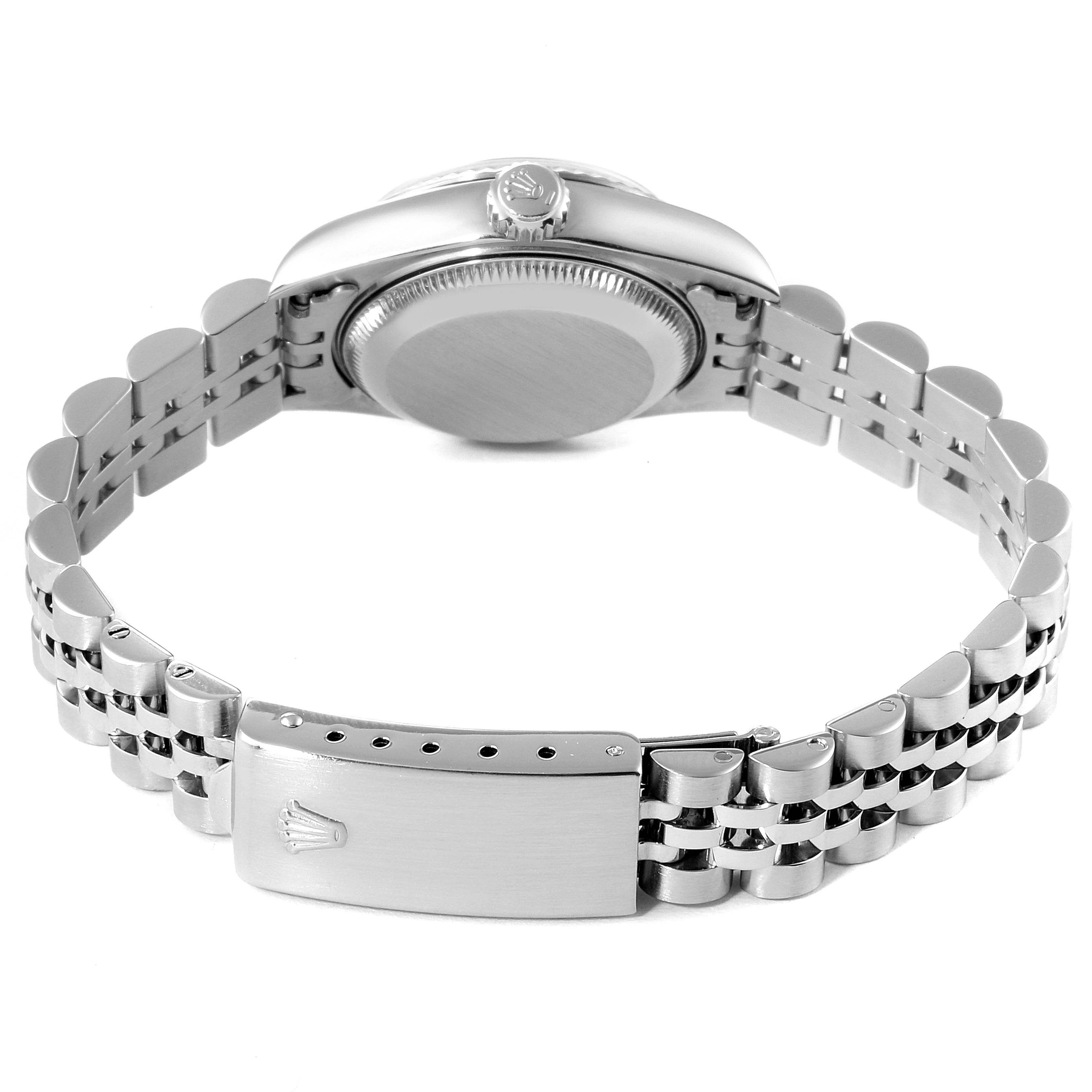 The image shows the back view of a Rolex Datejust 69174 Women
s Stainless Steel Silver Dial 69174 Women
s Stainless Steel Silver Dial watch, highlighting the case back and bracelet with the clasp.