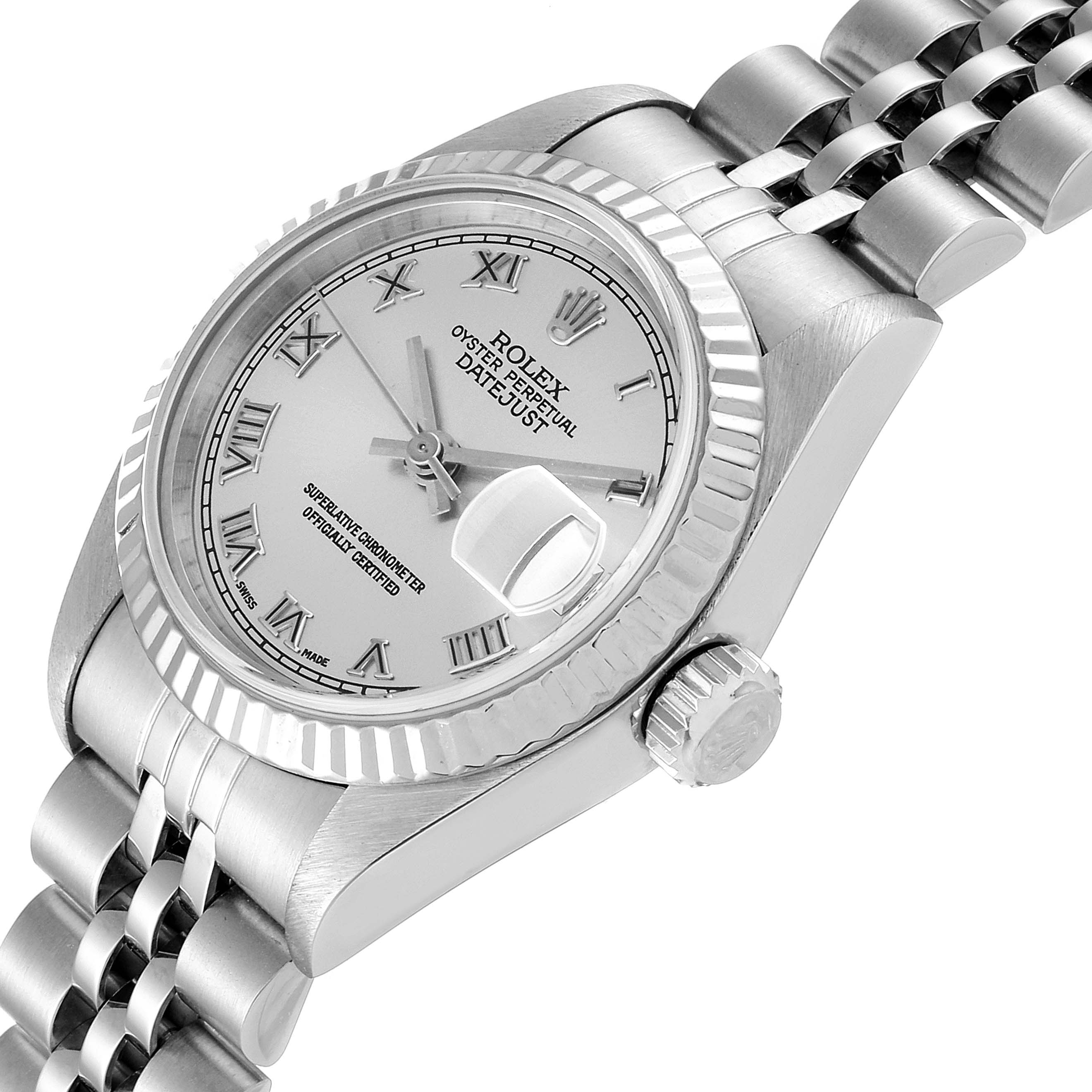 This image shows a tilted side view of the Rolex Datejust 69174 Women
s Stainless Steel Silver Dial 69174 Women
s Stainless Steel Silver Dial watch, highlighting the dial, fluted bezel, and bracelet.