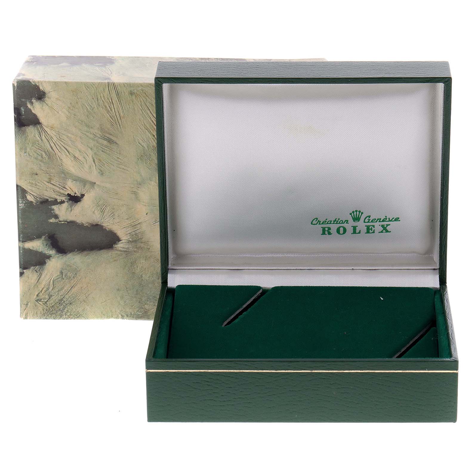 This image shows an empty Rolex Datejust 69174 Women
s Stainless Steel Silver Dial 69174 Women
s Stainless Steel Silver Dial watch box and its outer packaging from a front angle.