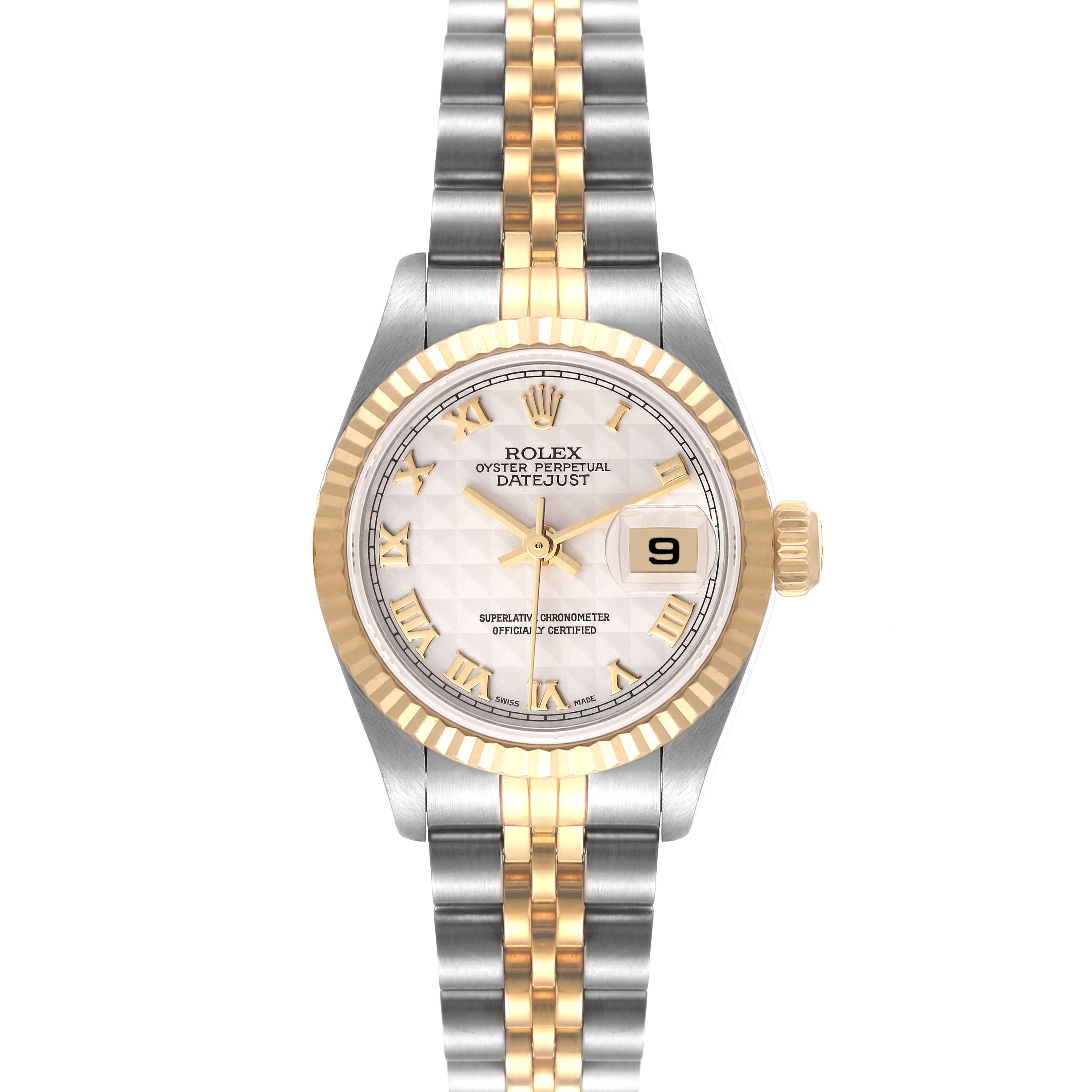 The image shows a front view of a Rolex Datejust 79173 Women's Steel and Gold (two tone) Beige Dial 79173 Women's Steel and Gold (two tone) Beige Dial watch, highlighting the dial, bezel, crown, and bracelet.